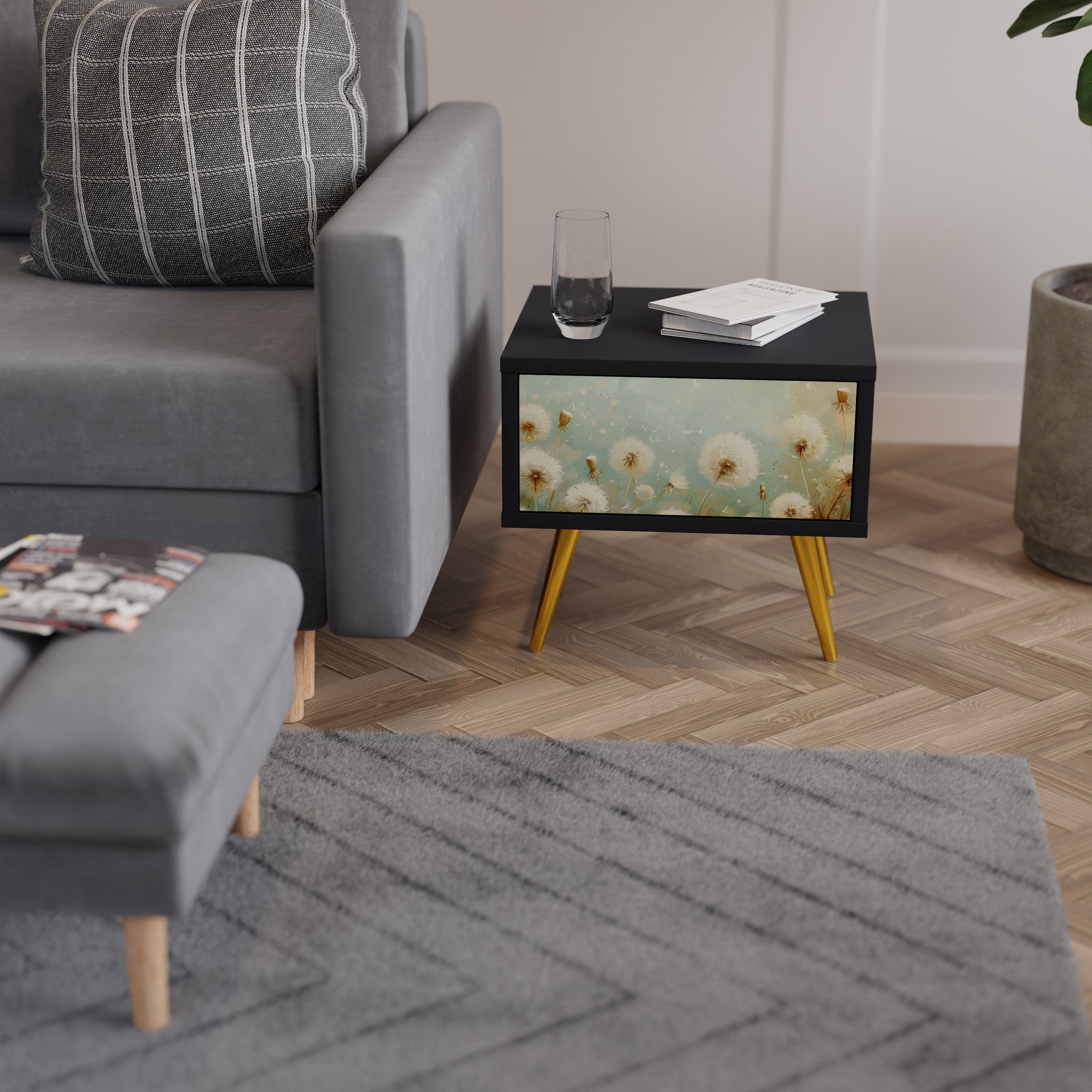 DREAMY MEADOW Nightstand in Black Finish