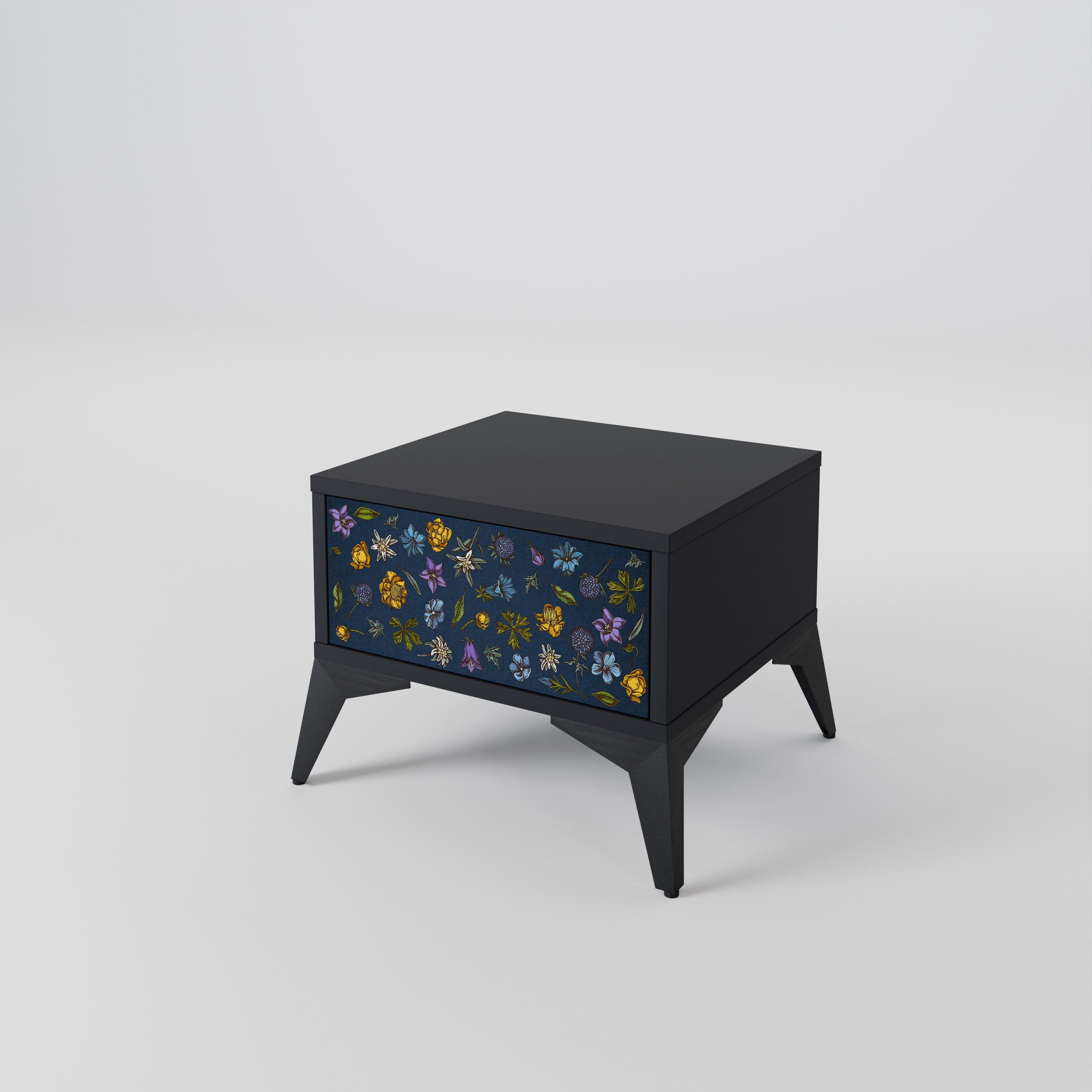 FLOWERS ON NAVY BLUE Nightstand in Black Finish