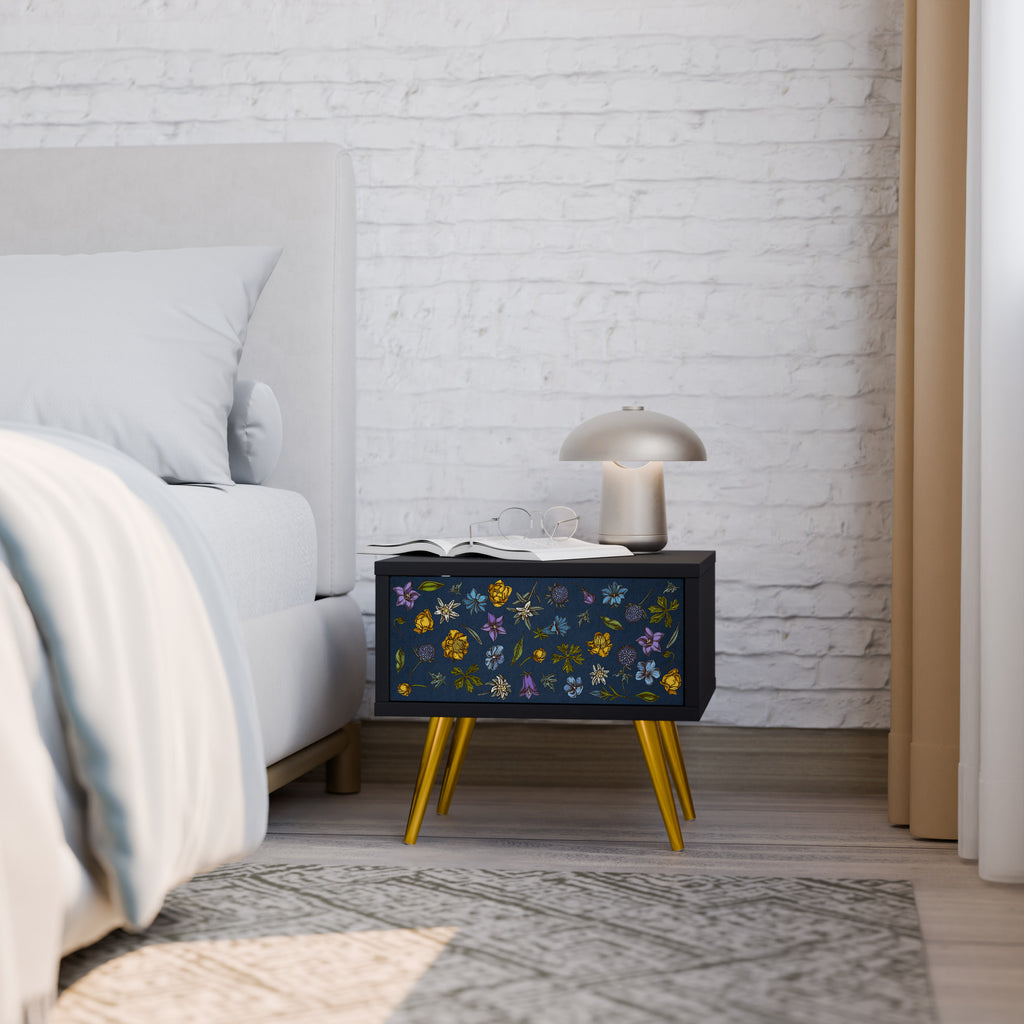 FLOWERS ON NAVY BLUE Nightstand in Black Finish