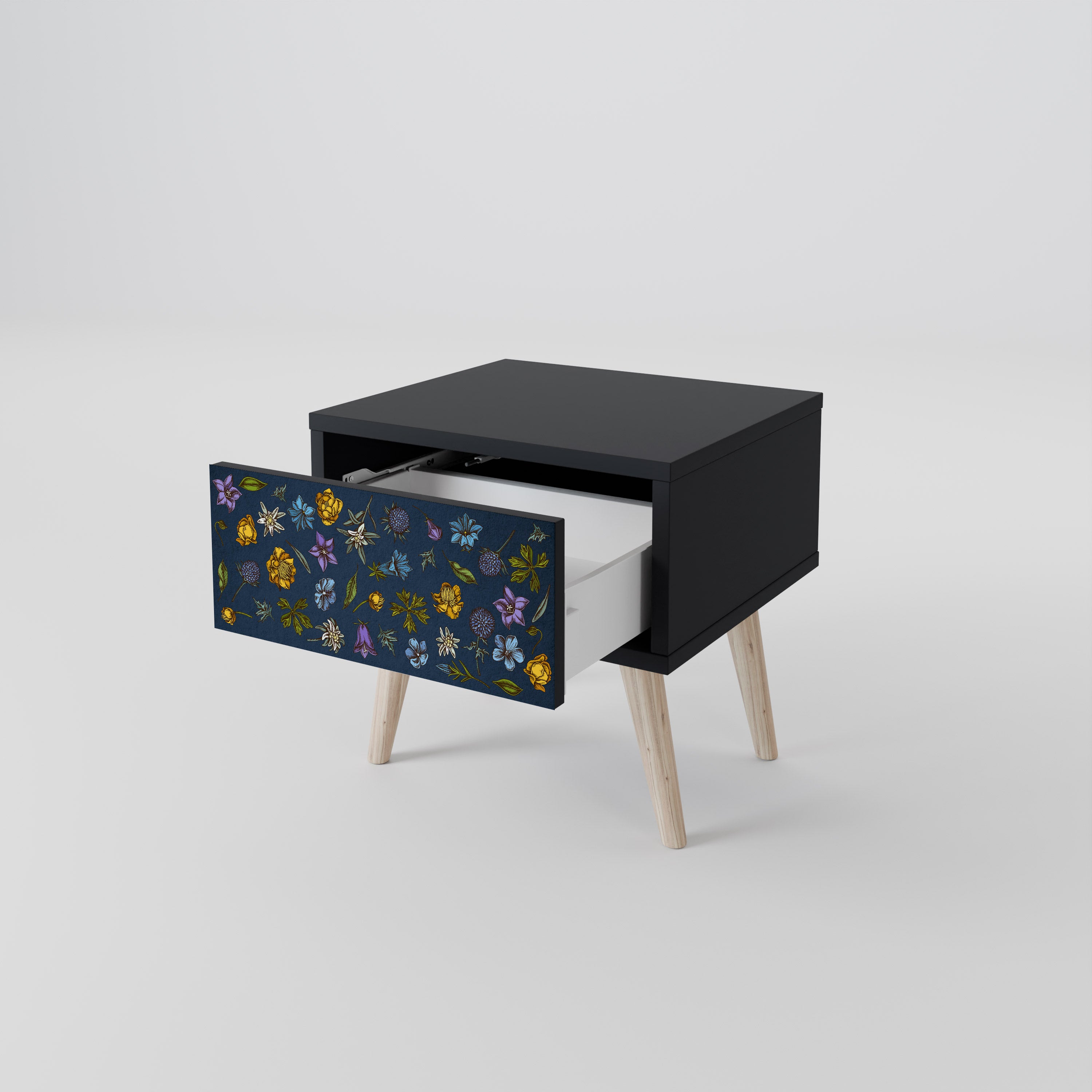 FLOWERS ON NAVY BLUE Nightstand in Black Finish
