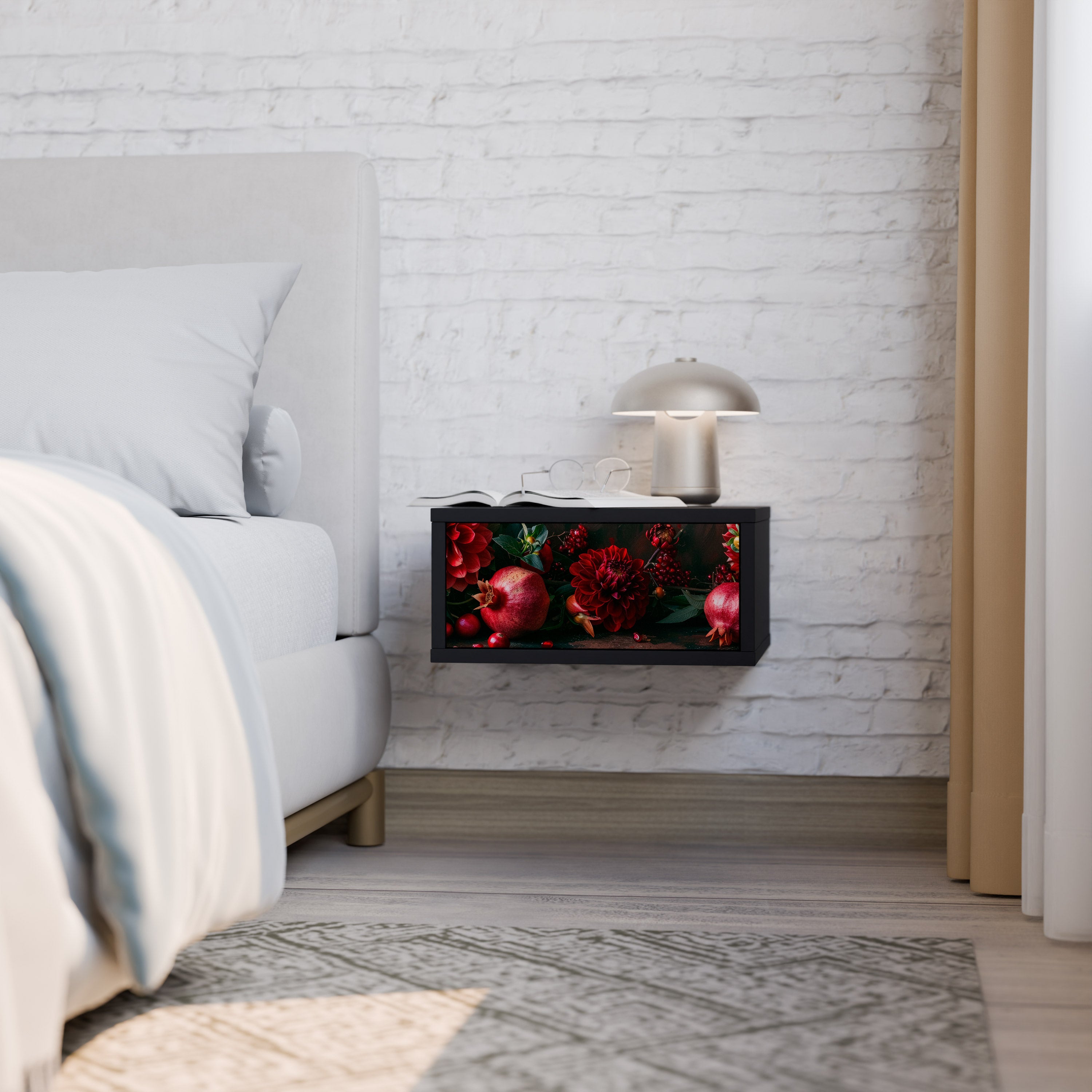 DAHLIAS AND POMEGRANATES Nightstand in Black Finish