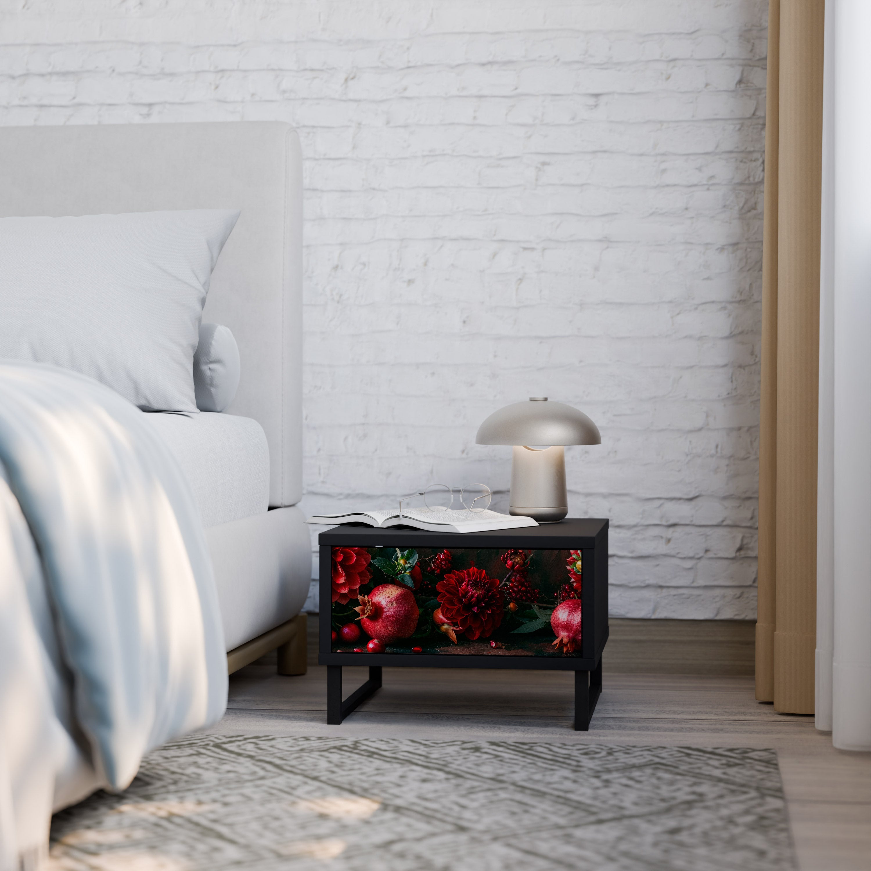 DAHLIAS AND POMEGRANATES Nightstand in Black Finish