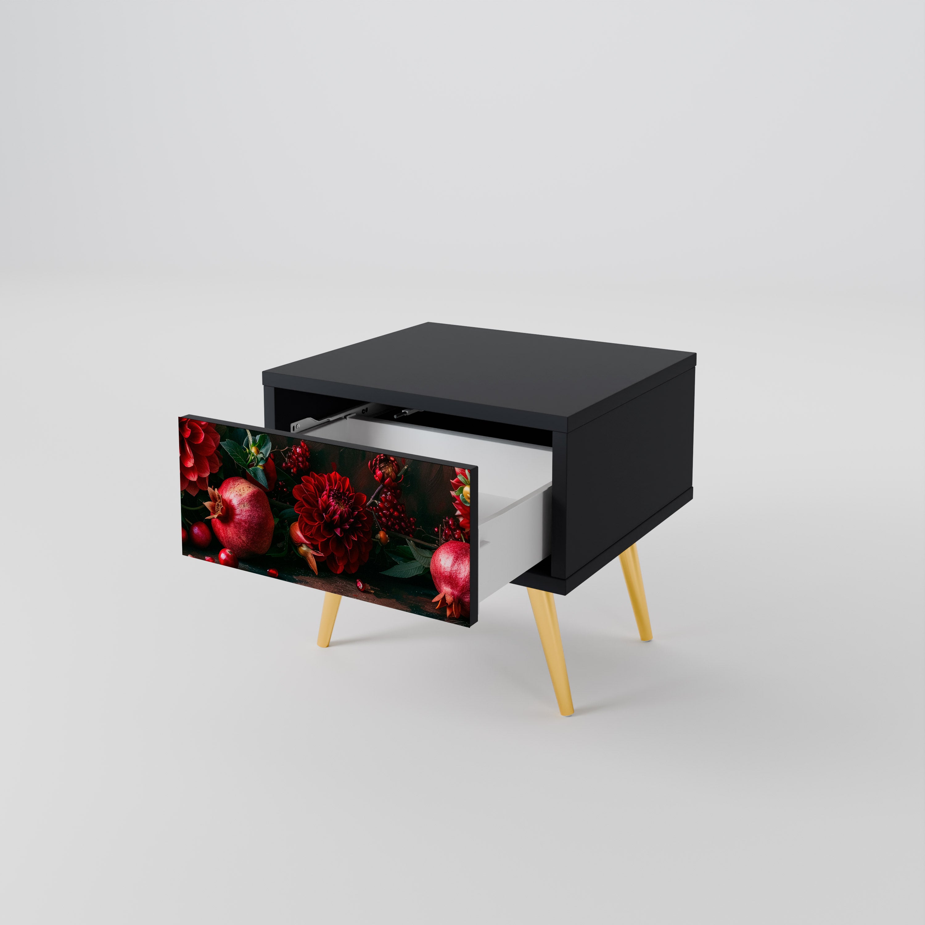 DAHLIAS AND POMEGRANATES Nightstand in Black Finish