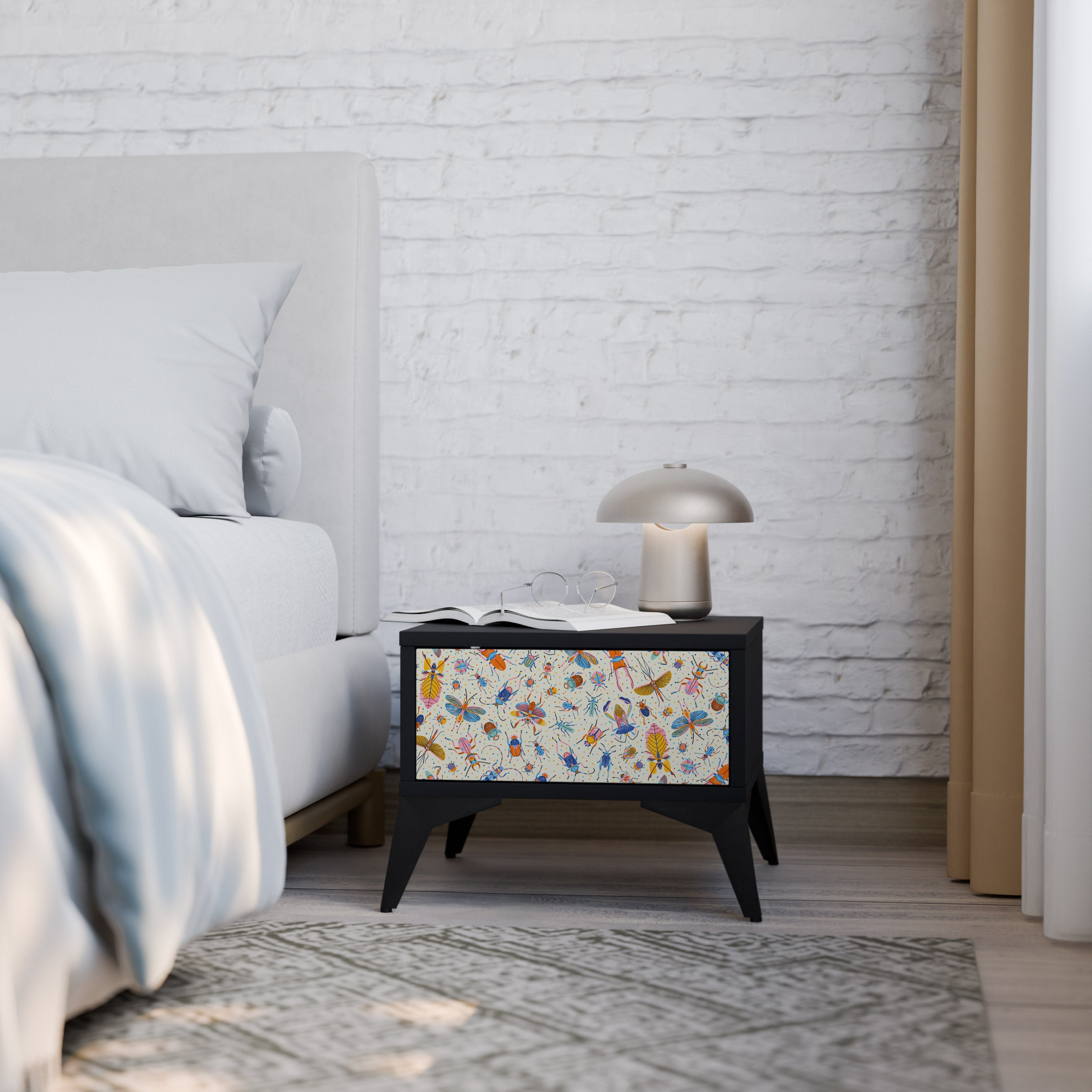 COLORFUL INSECTS Nightstand in Black Finish