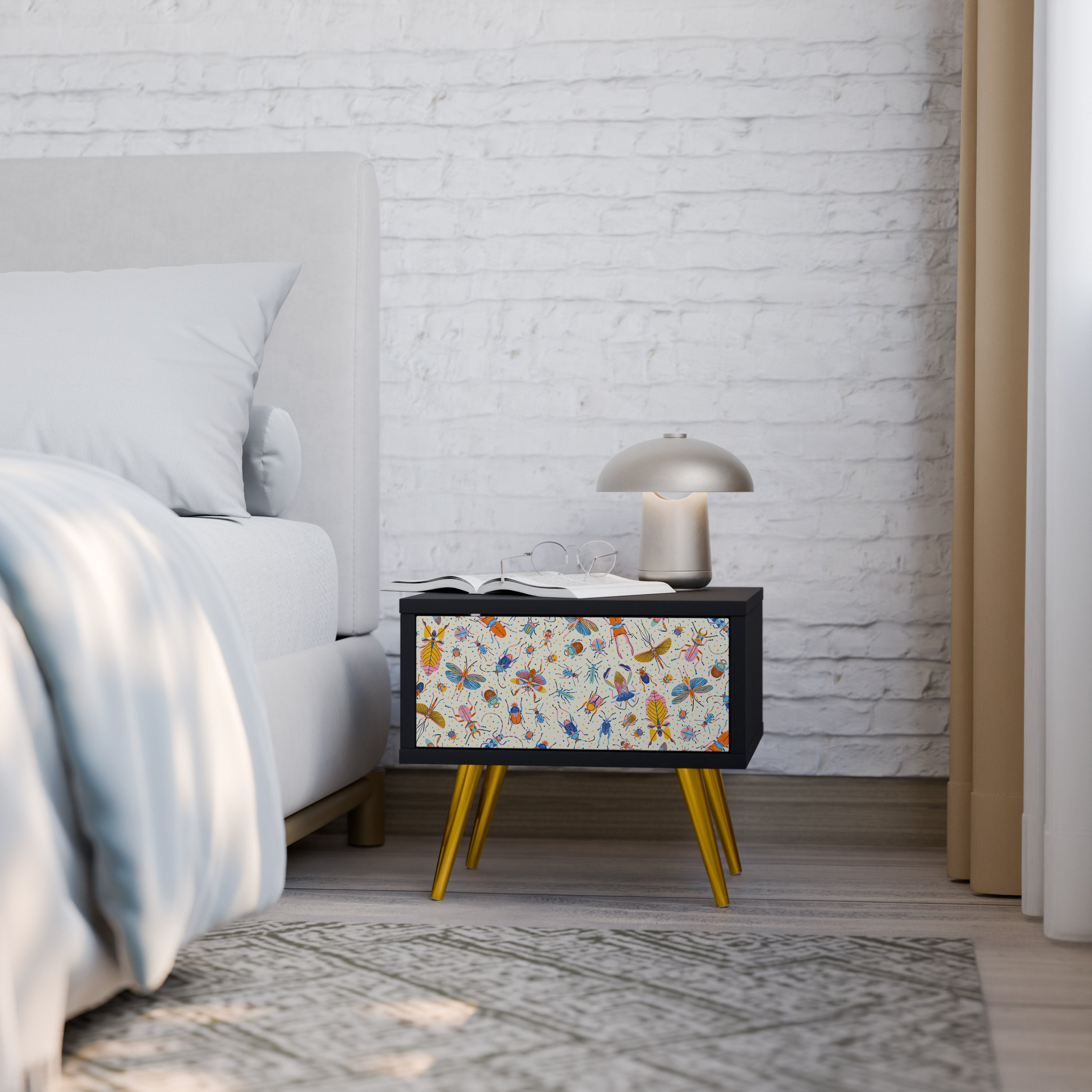 COLORFUL INSECTS Nightstand in Black Finish