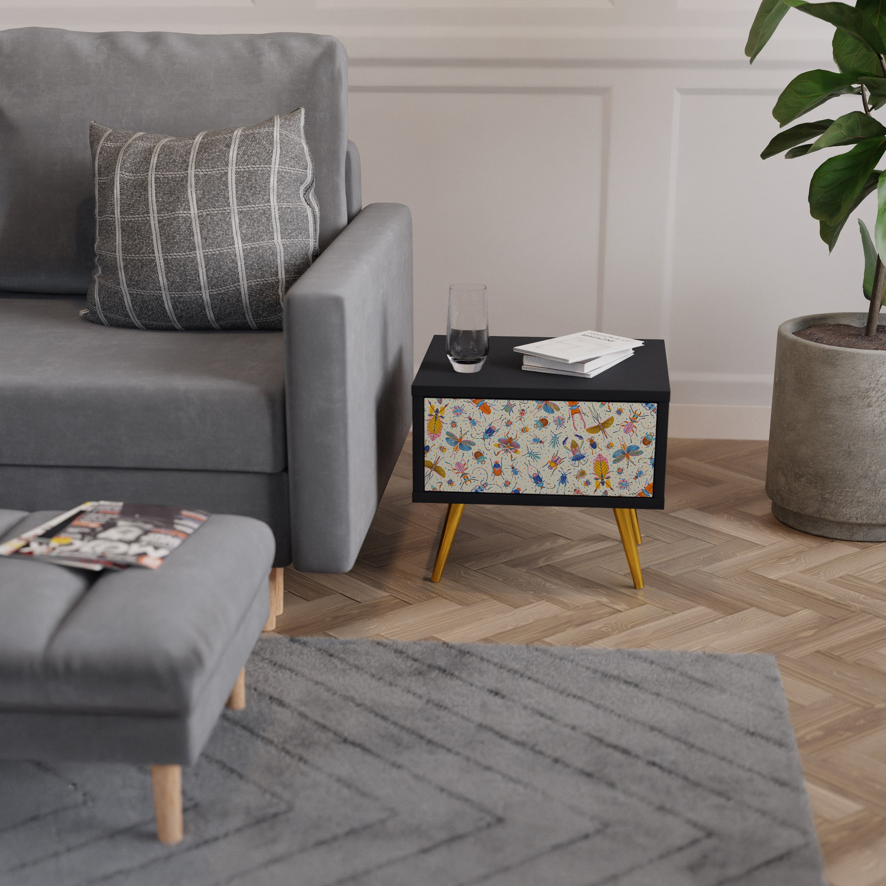 COLORFUL INSECTS Nightstand in Black Finish
