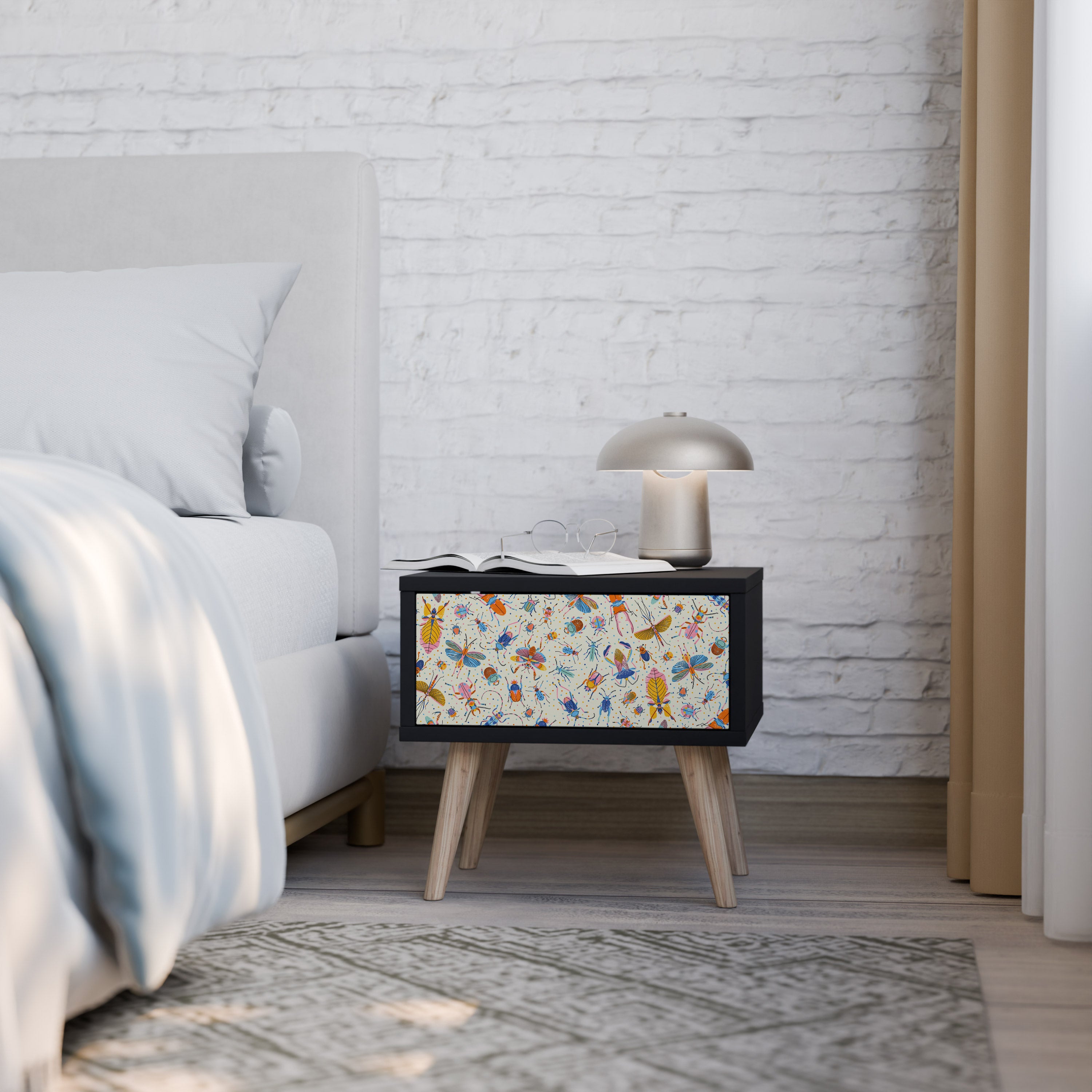 COLORFUL INSECTS Nightstand in Black Finish