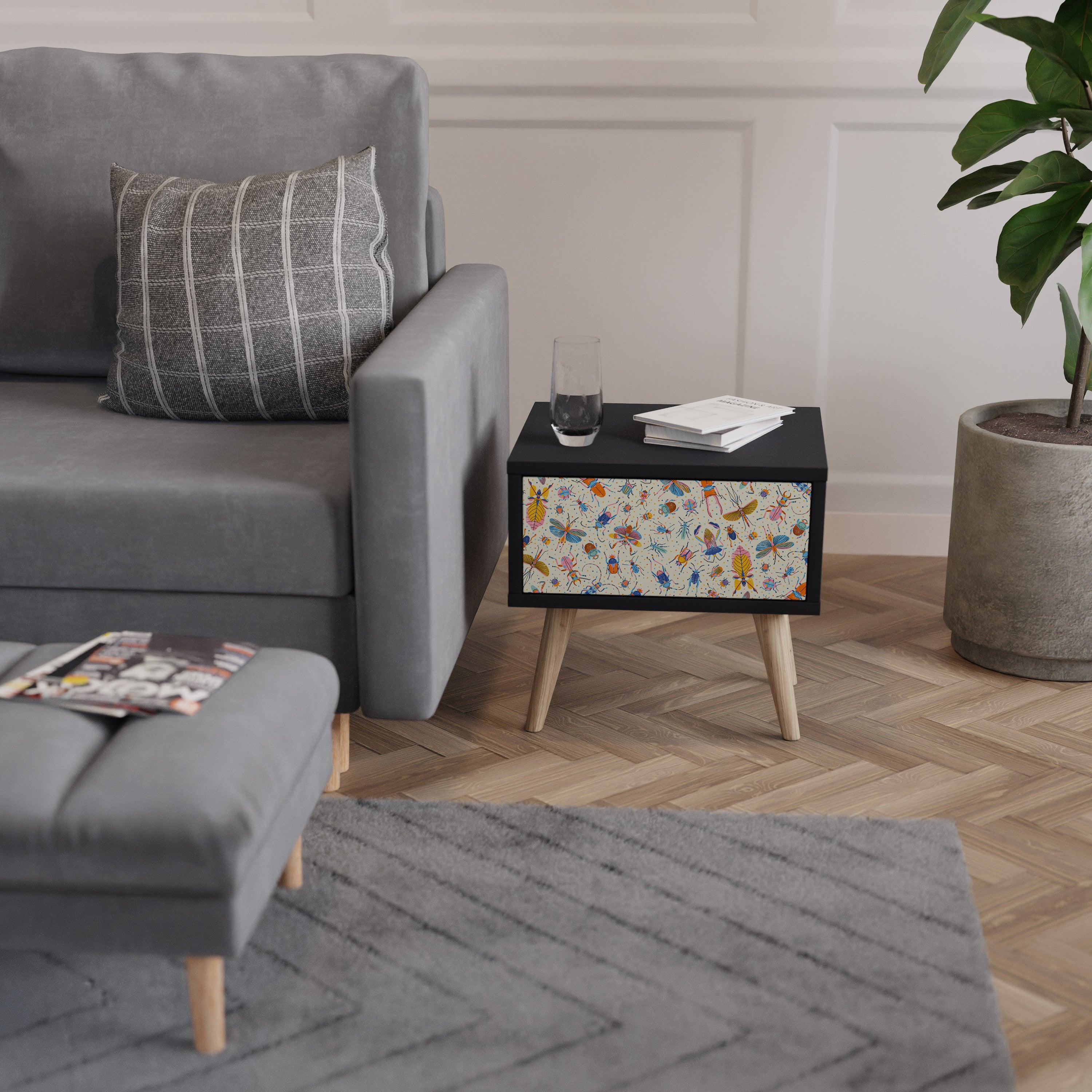 COLORFUL INSECTS Nightstand in Black Finish