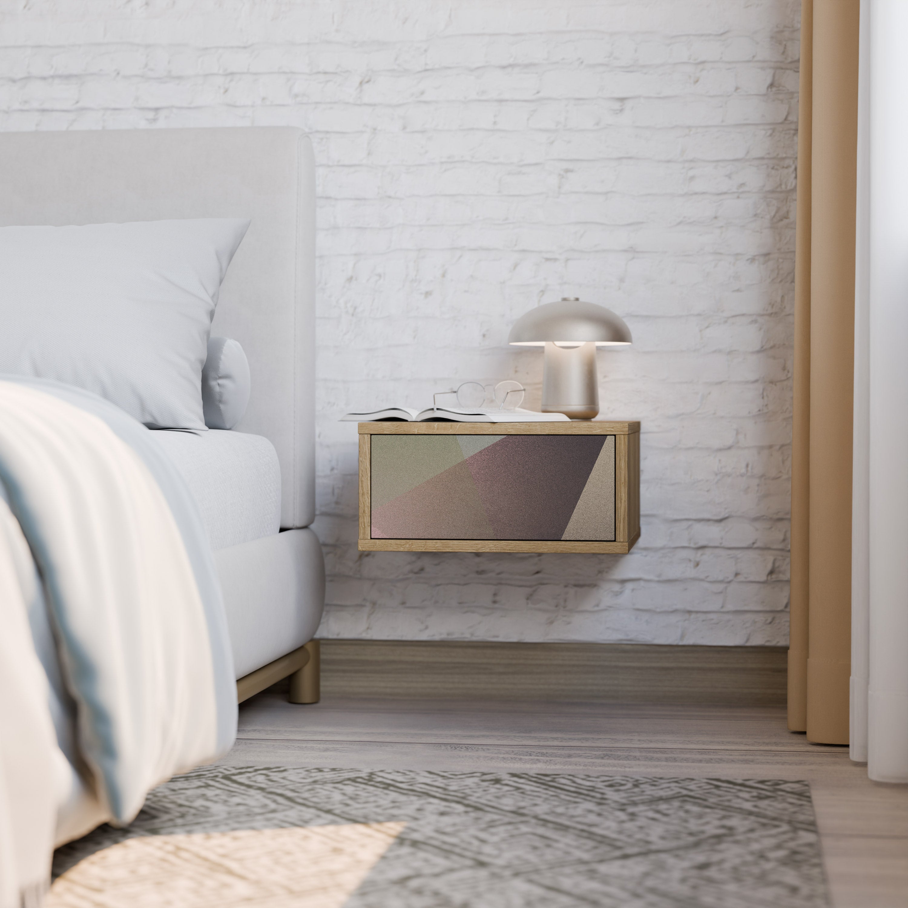BEIGE GEOMETRY Nightstand in Oak Effect
