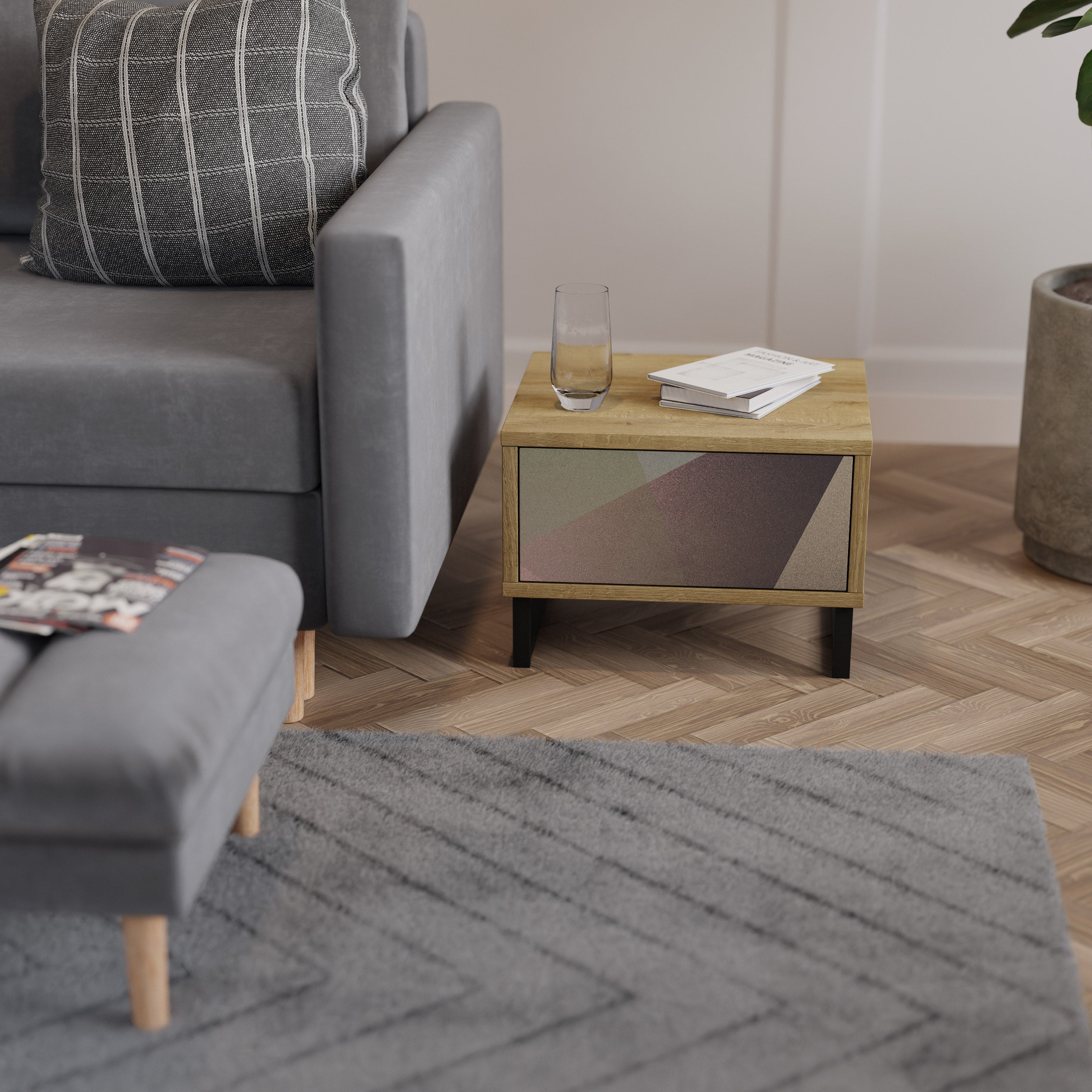 BEIGE GEOMETRY Nightstand in Oak Effect