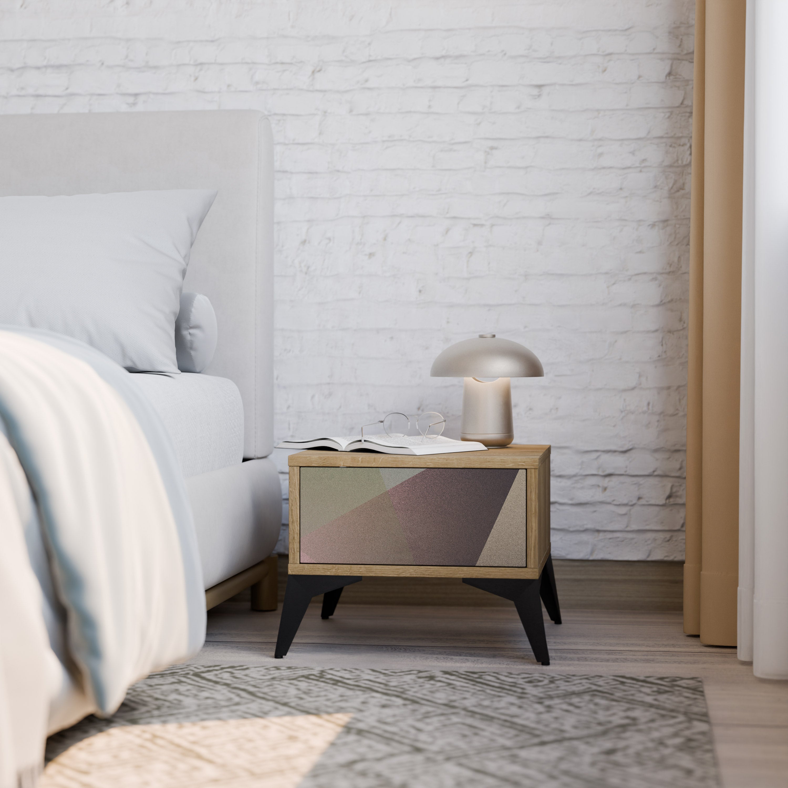 BEIGE GEOMETRY Nightstand in Oak Effect