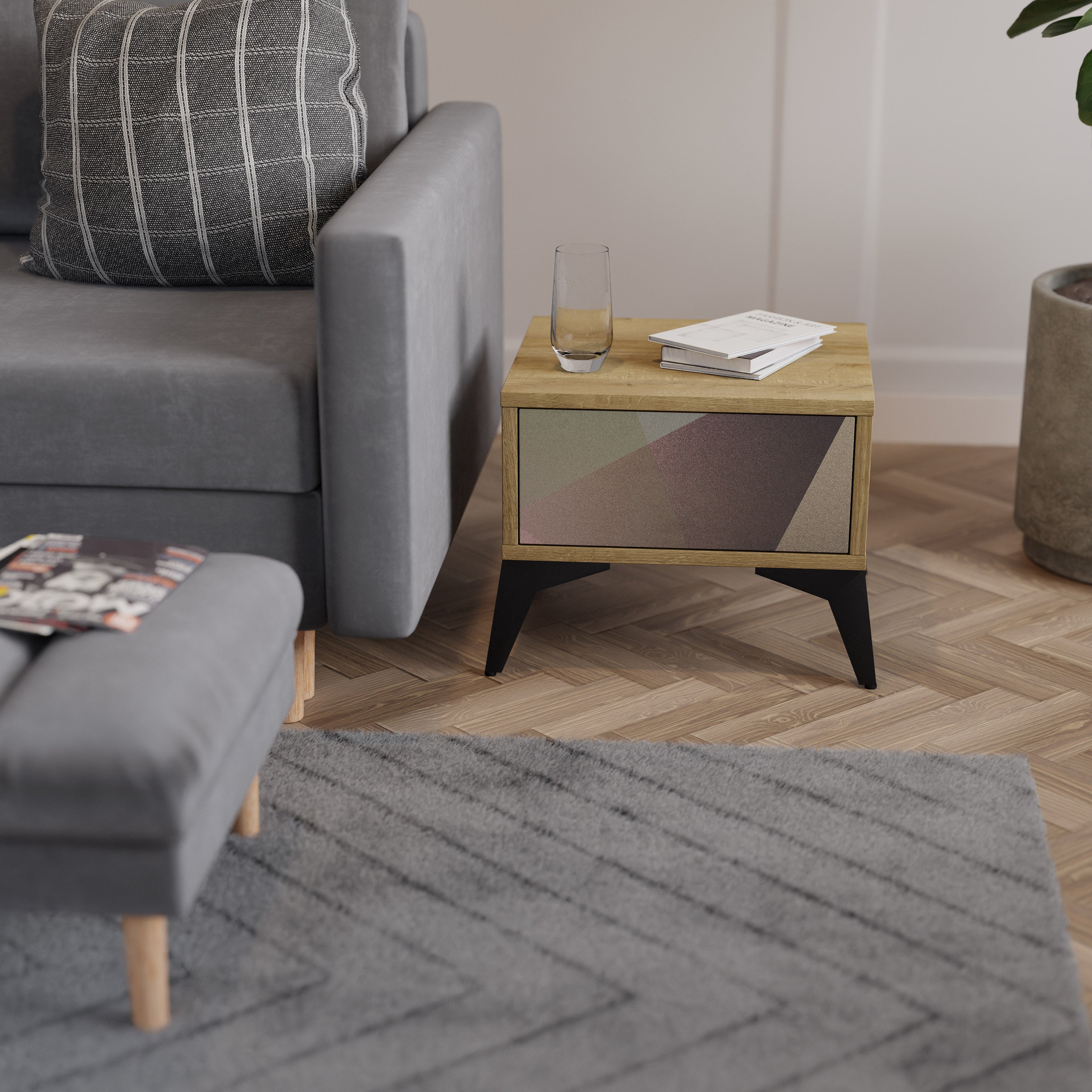 BEIGE GEOMETRY Nightstand in Oak Effect