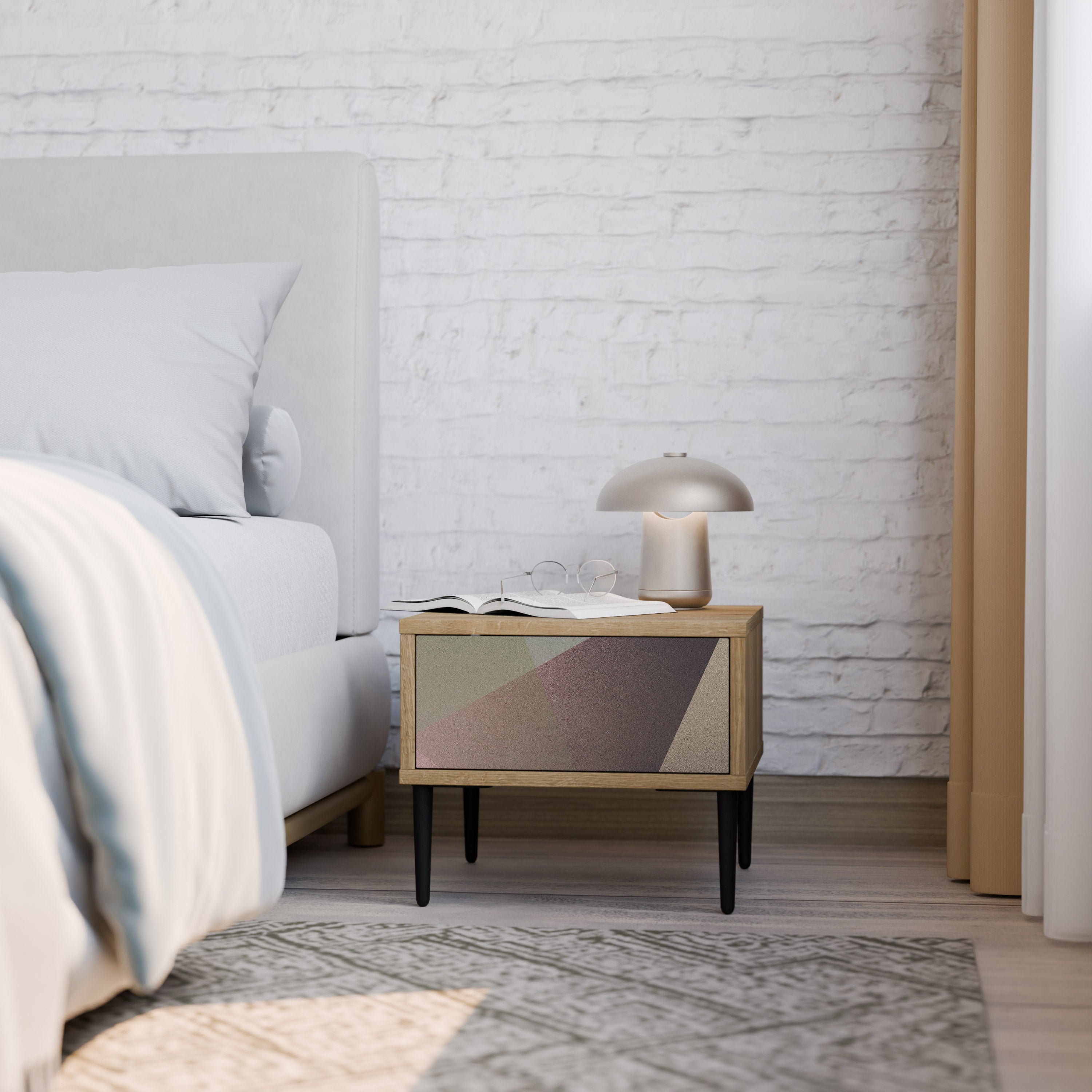 BEIGE GEOMETRY Nightstand in Oak Effect