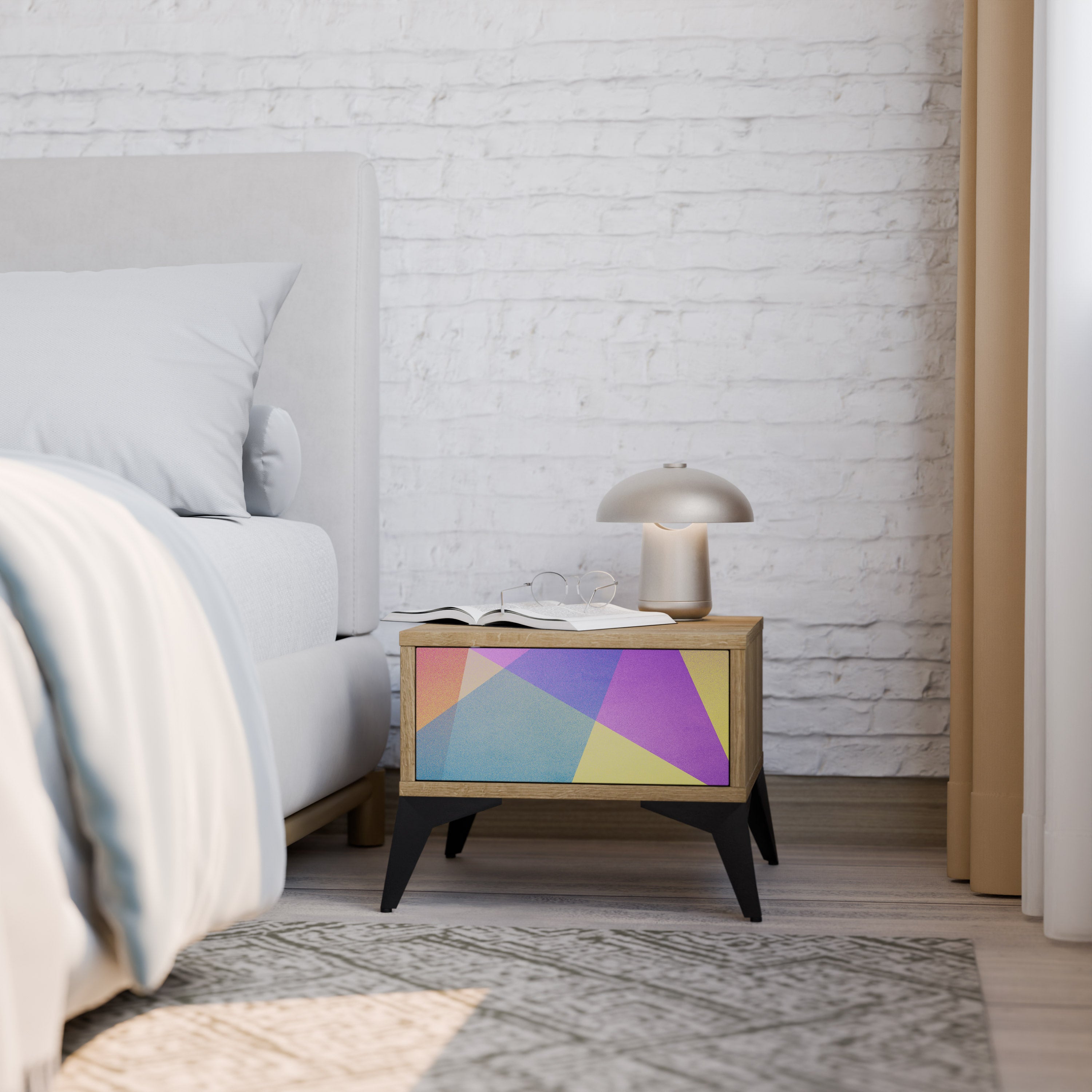 BRIGHT GEOMETRY Nightstand in Oak Effect