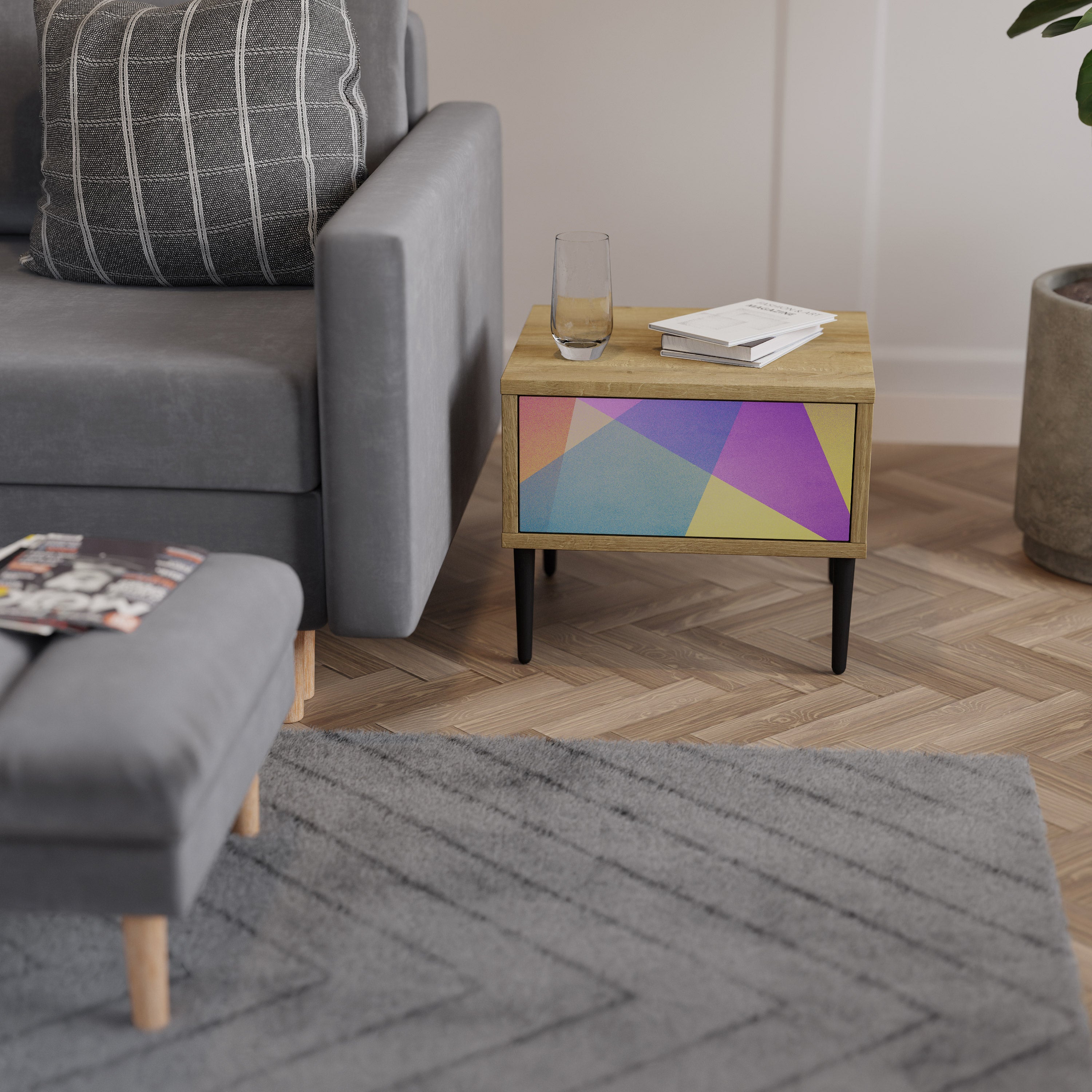 BRIGHT GEOMETRY Nightstand in Oak Effect