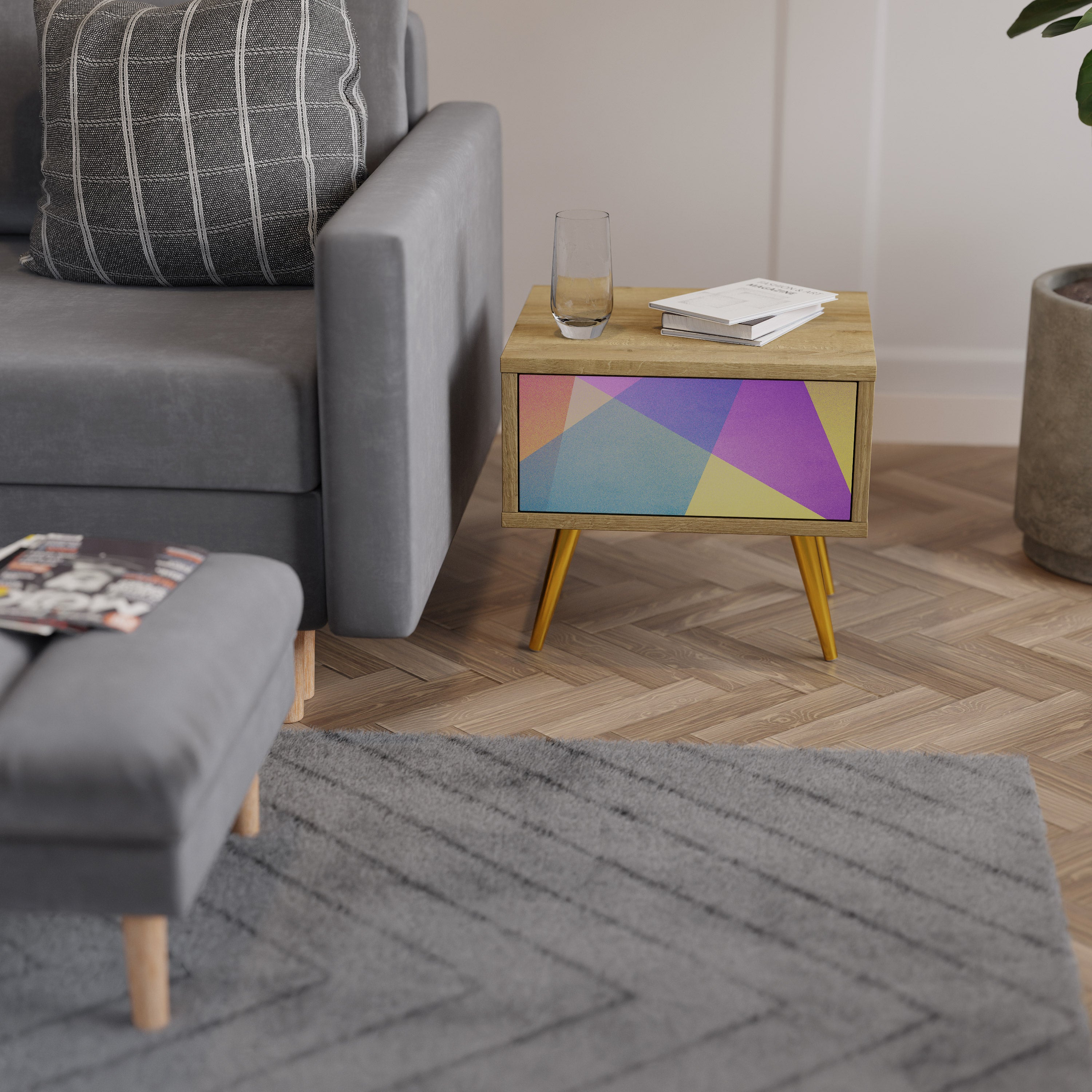 BRIGHT GEOMETRY Nightstand in Oak Effect