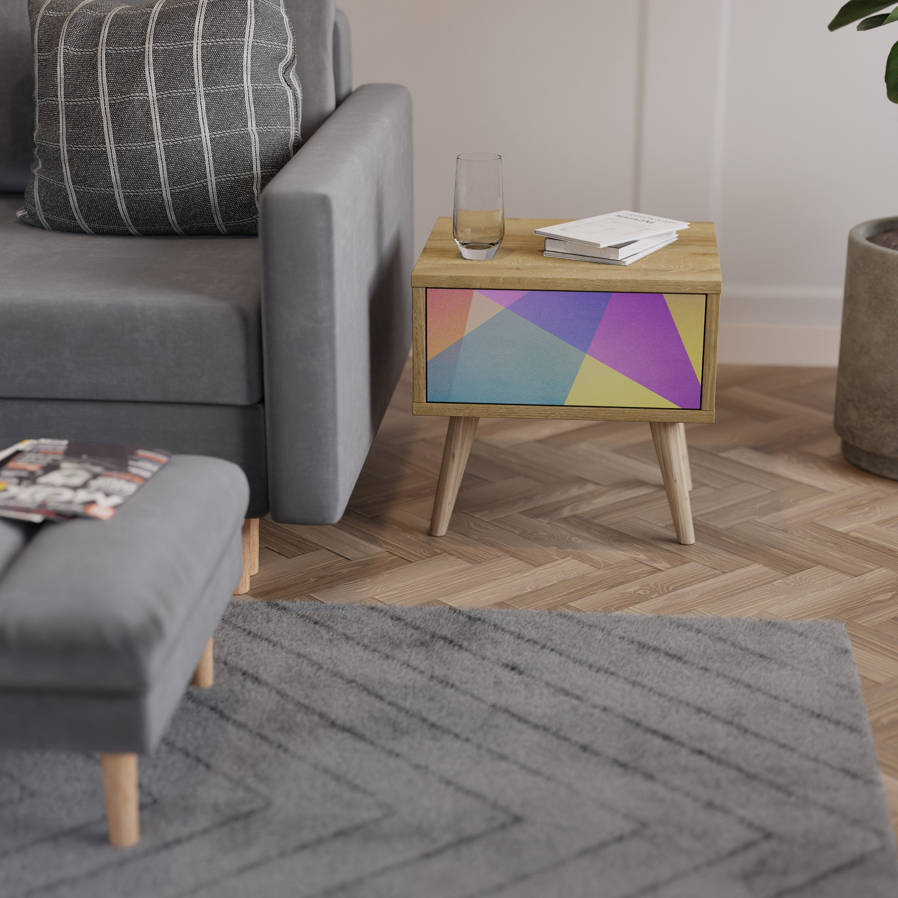 BRIGHT GEOMETRY Nightstand in Oak Effect