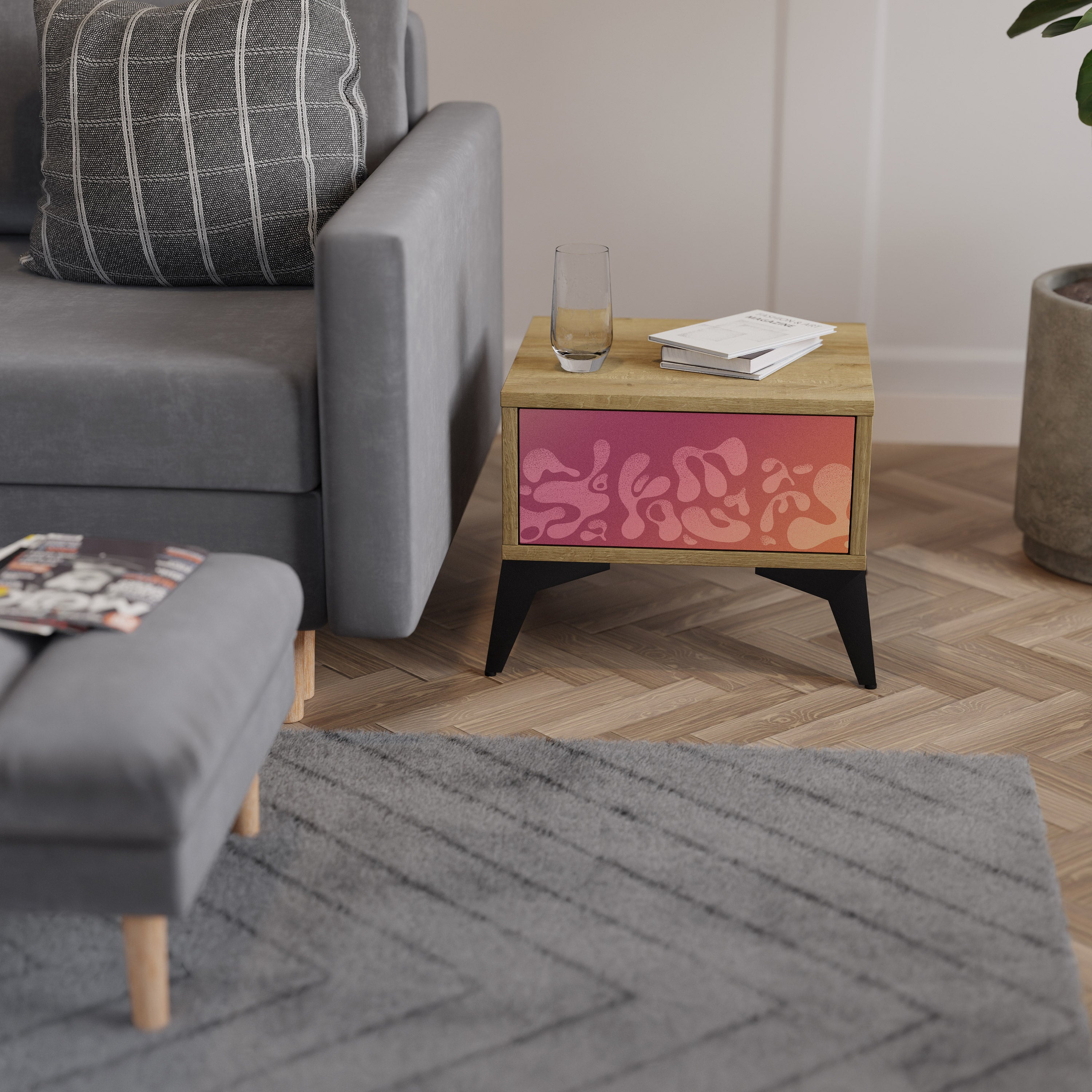 IRREGULAR PINK Nightstand in Oak Effect