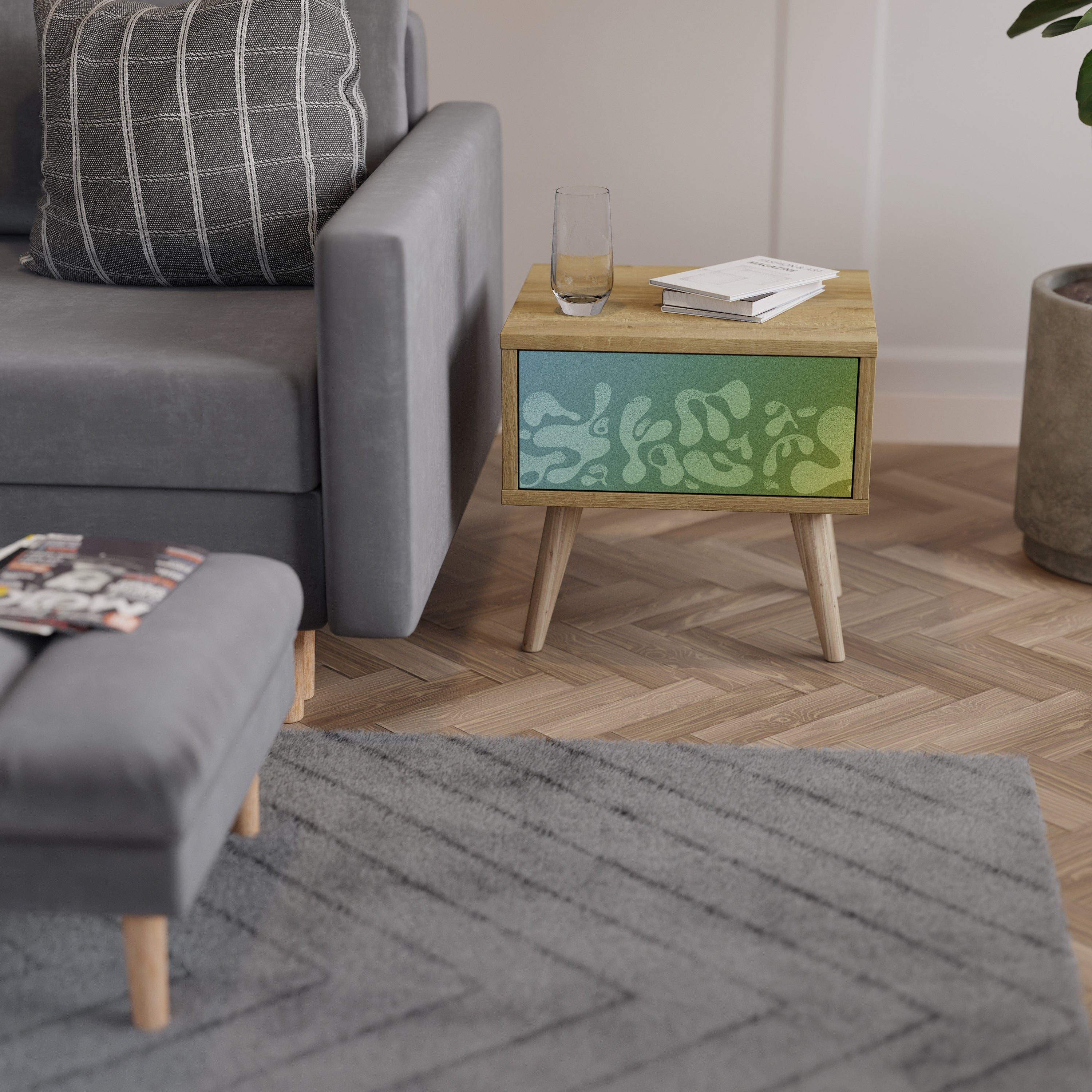 IRREGULAR BLUE Nightstand in Oak Effect