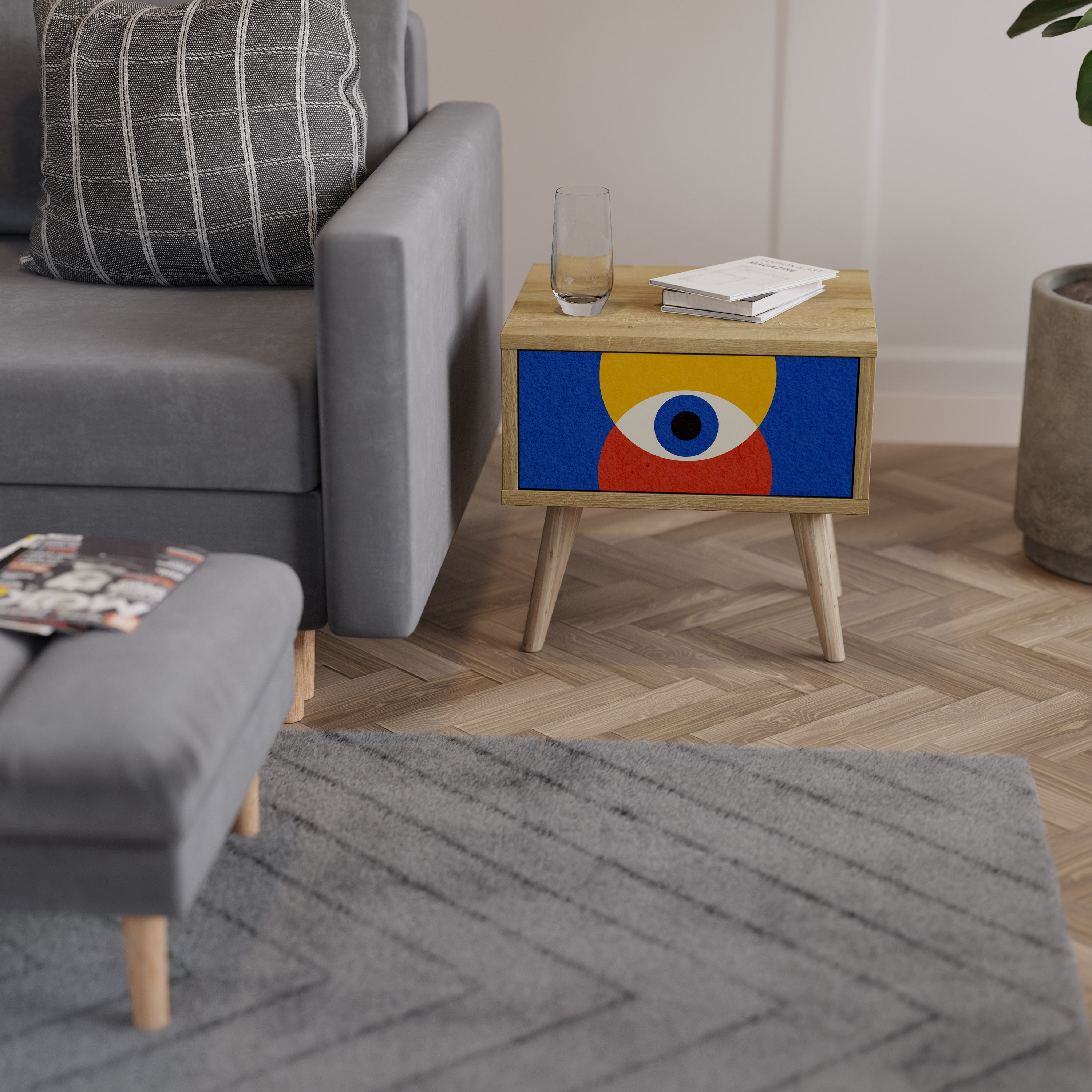 GEOMETRIC EYES Nightstand in Oak Effect