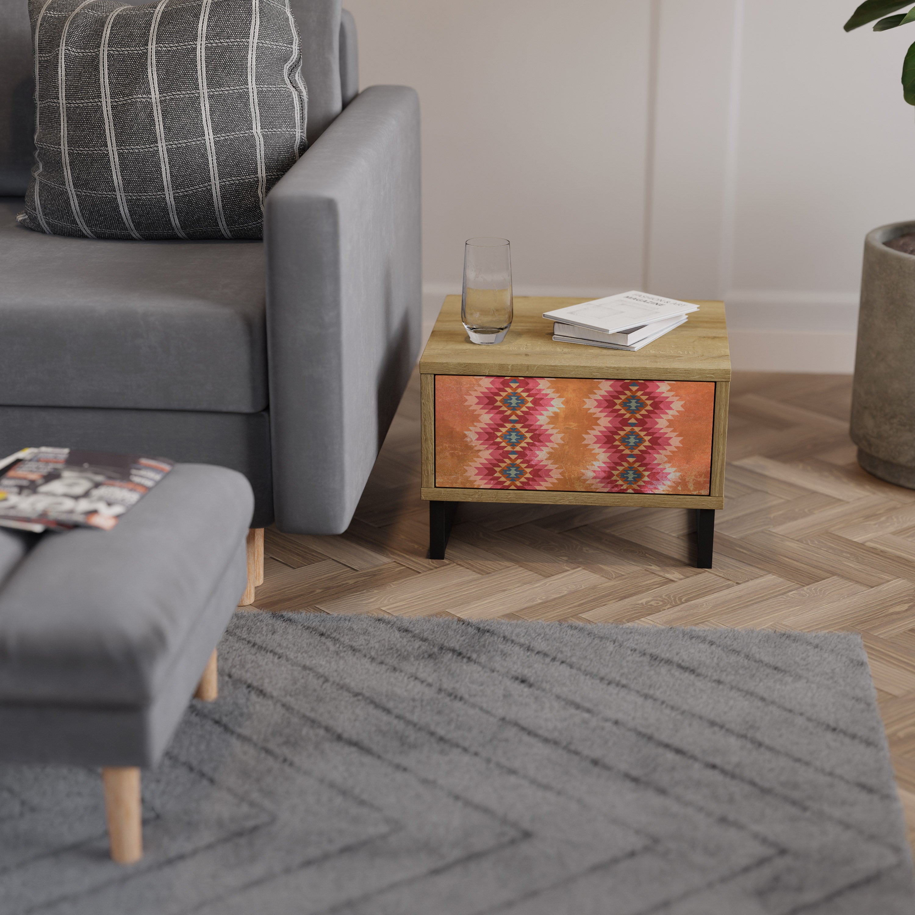 INDIAN FOLK Nightstand in Oak Effect