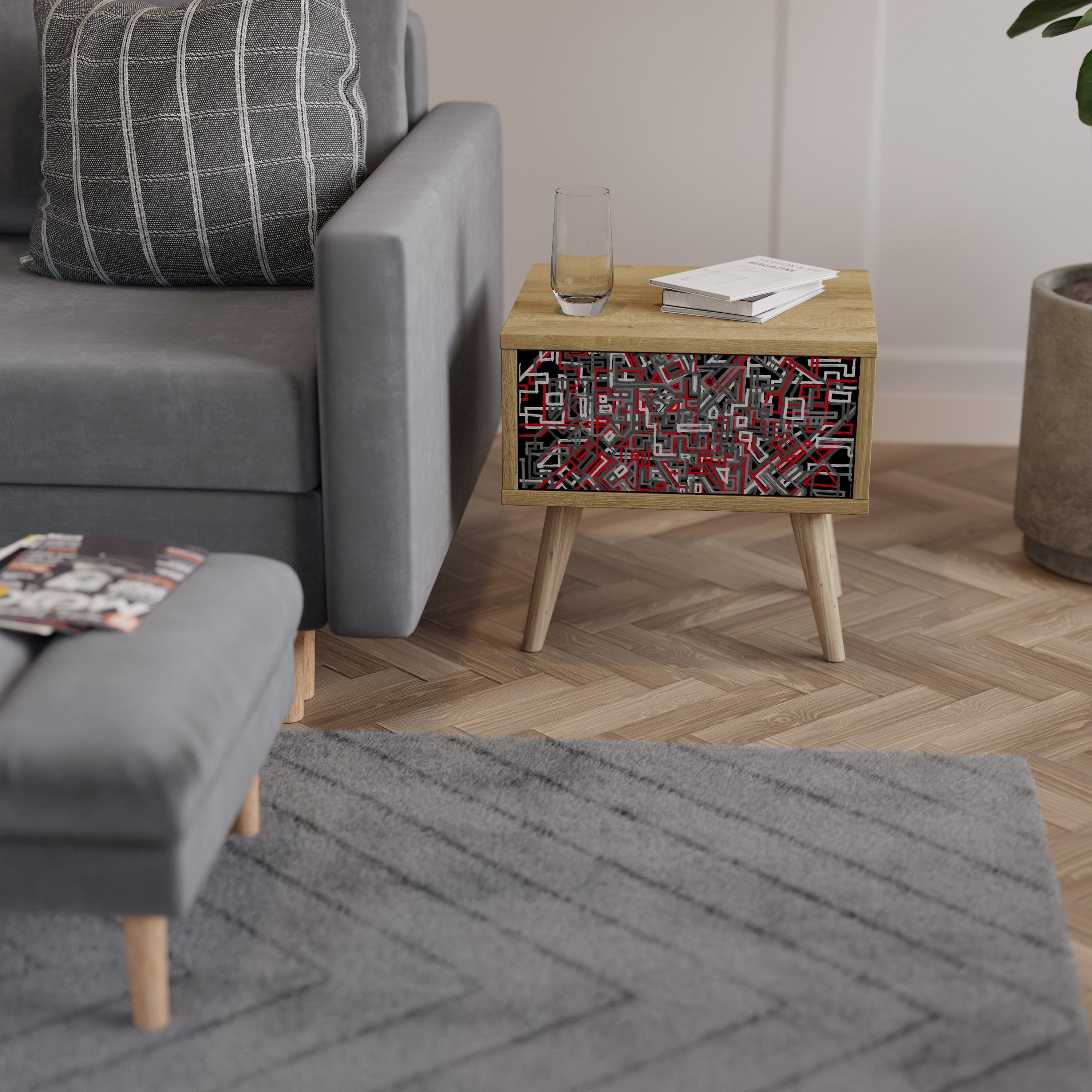 BROKEN LINES Nightstand in Oak Effect