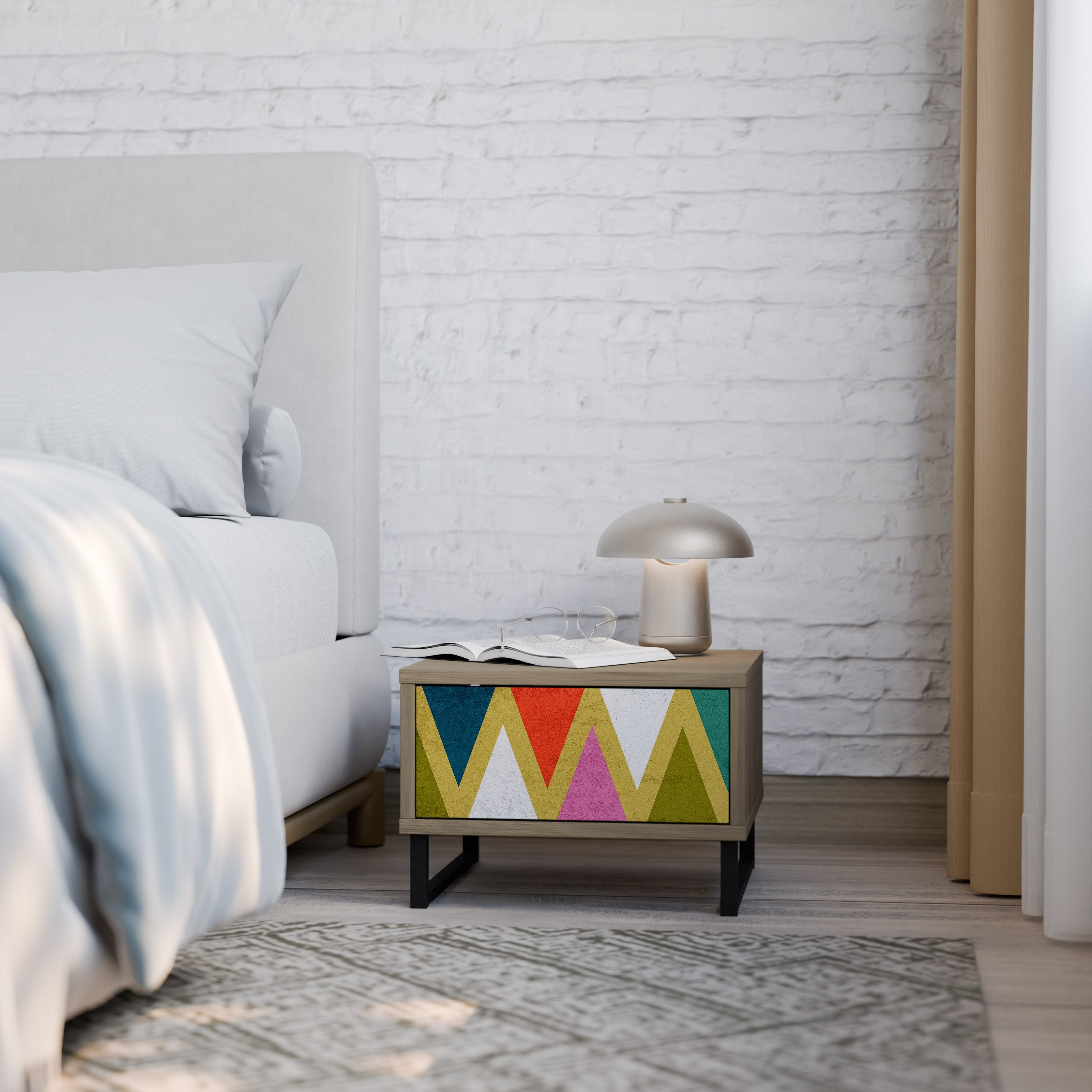 COLORFUL TRIANGLES Nightstand in Oak Effect