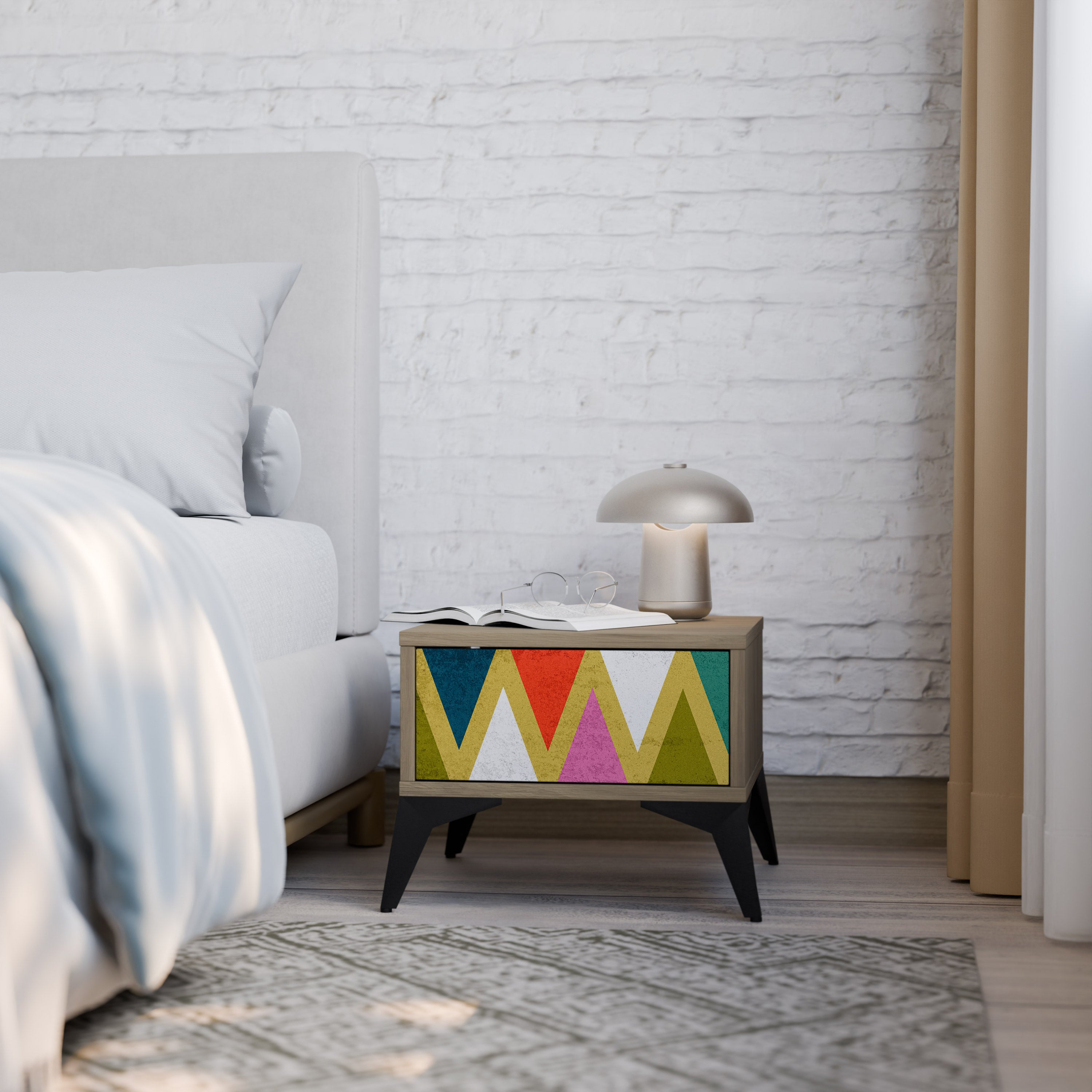 COLORFUL TRIANGLES Nightstand in Oak Effect