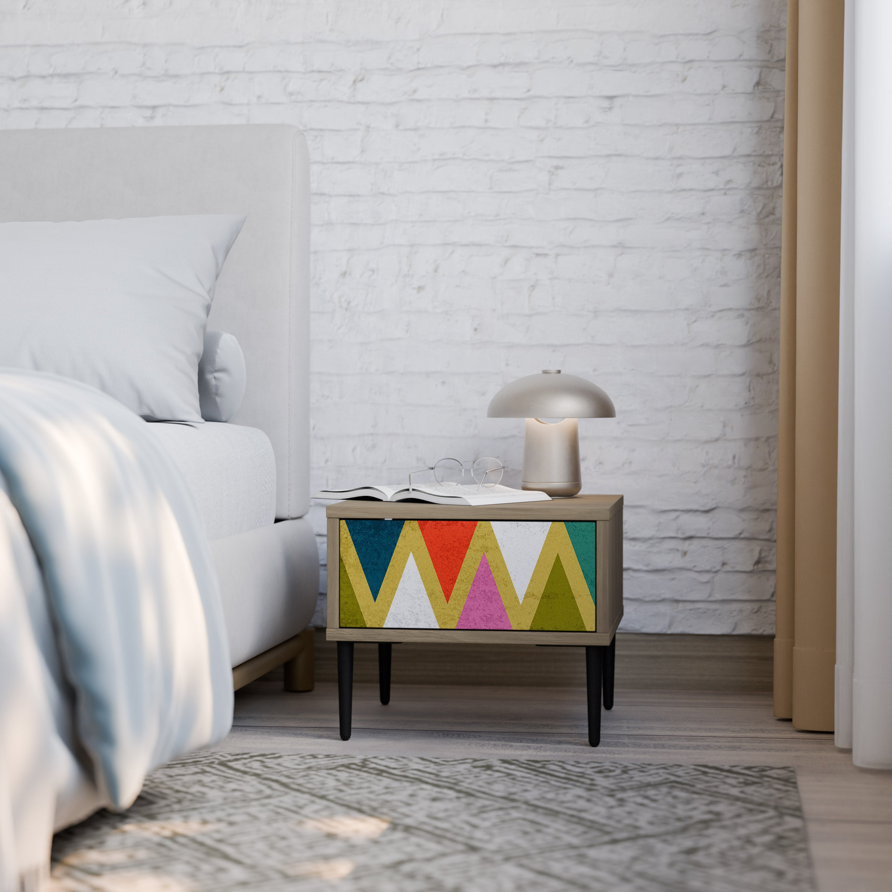 COLORFUL TRIANGLES Nightstand in Oak Effect