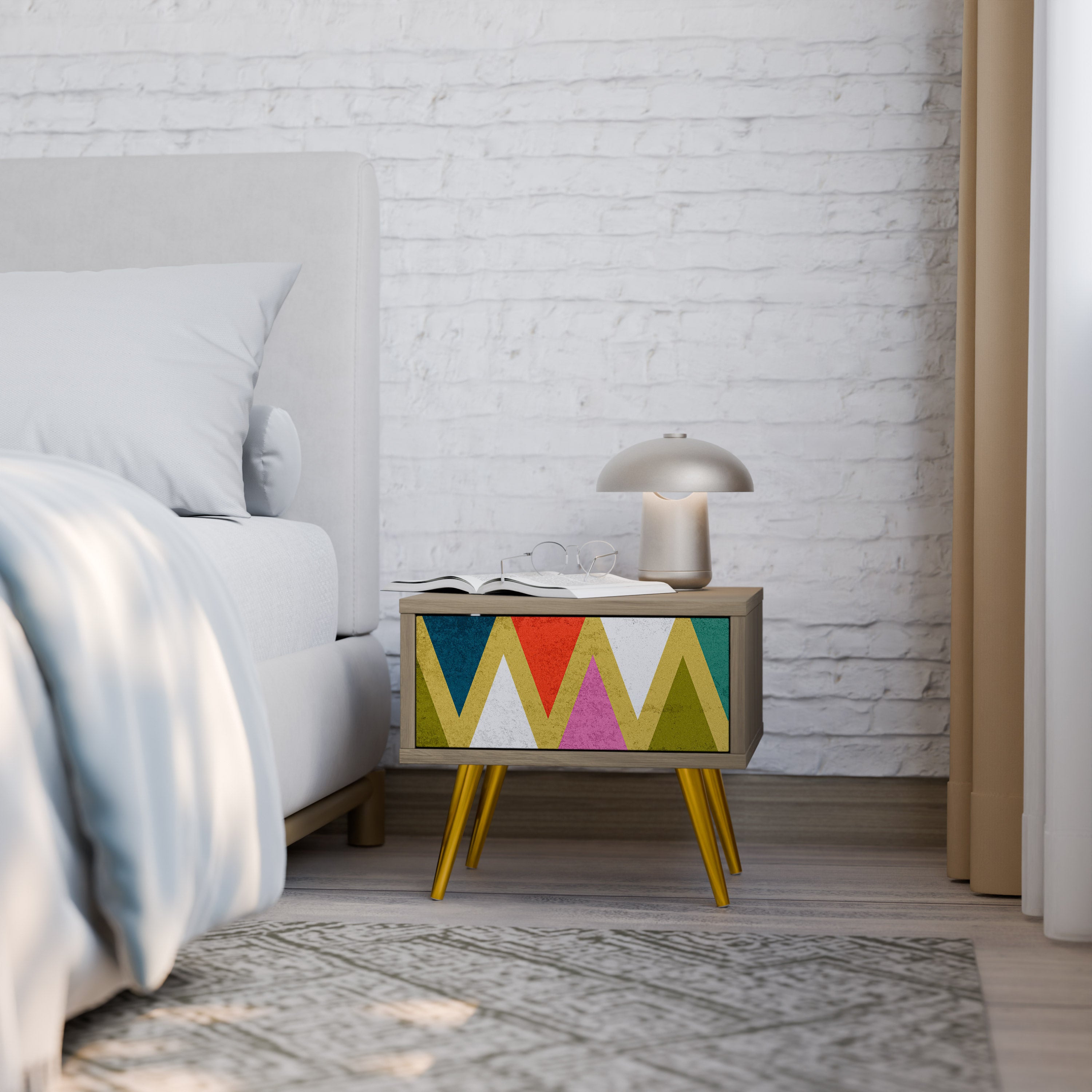 COLORFUL TRIANGLES Nightstand in Oak Effect