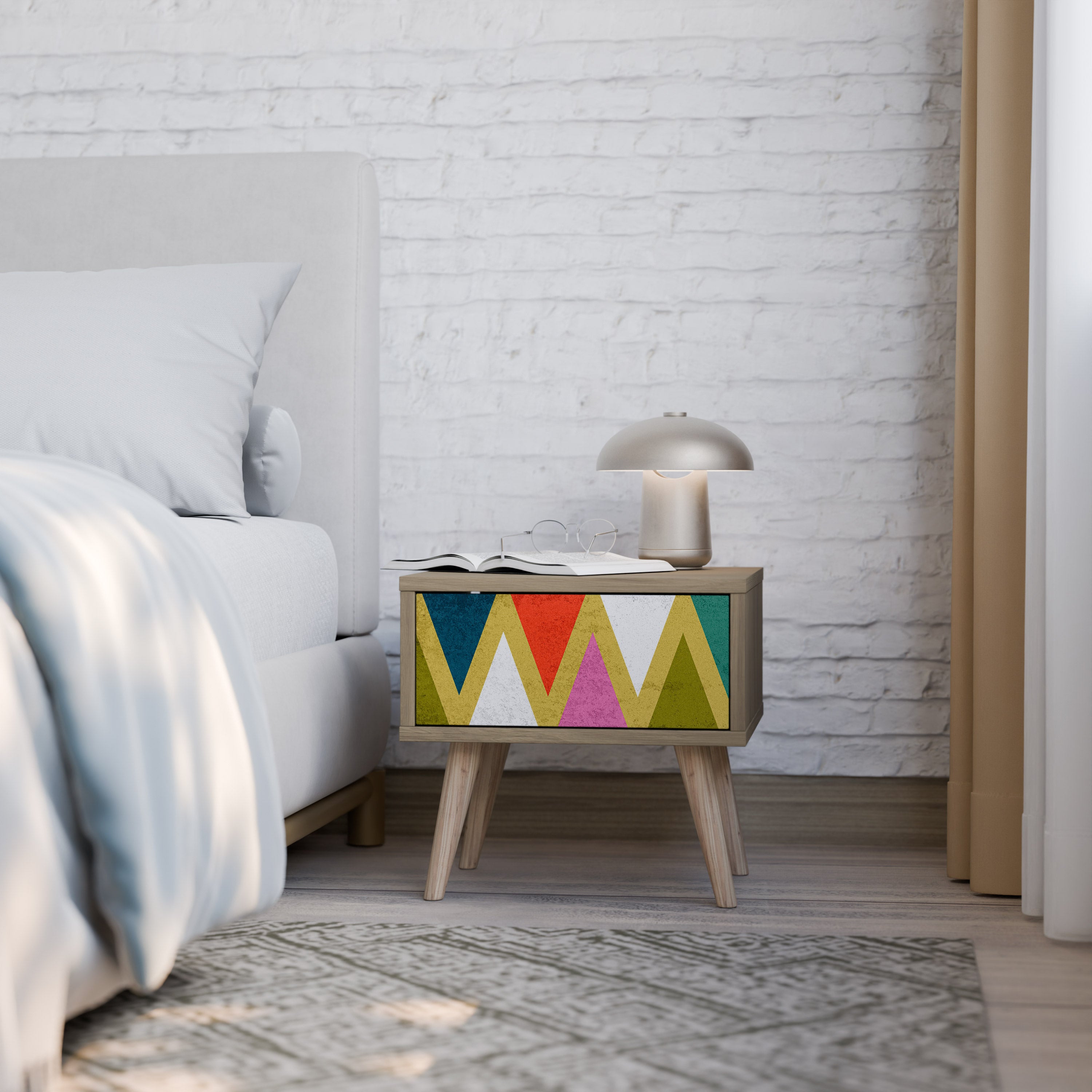 COLORFUL TRIANGLES Nightstand in Oak Effect