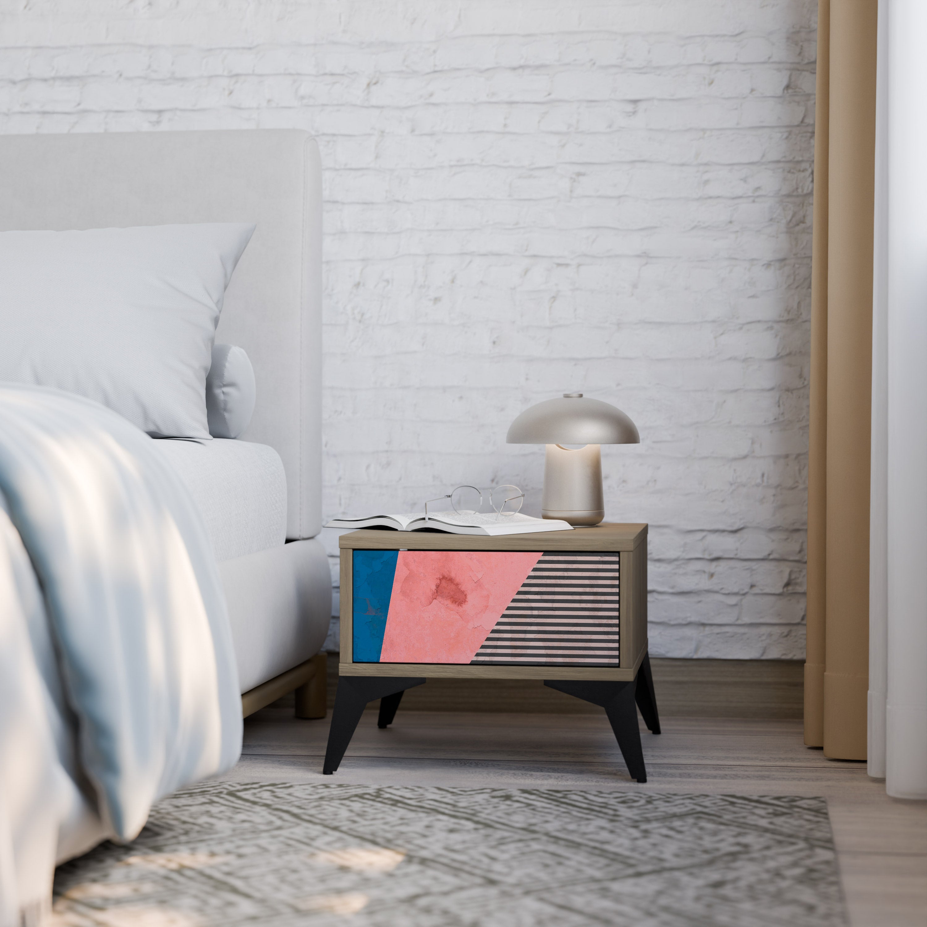 GLAMOROUS STRIPE Nightstand in Oak Effect