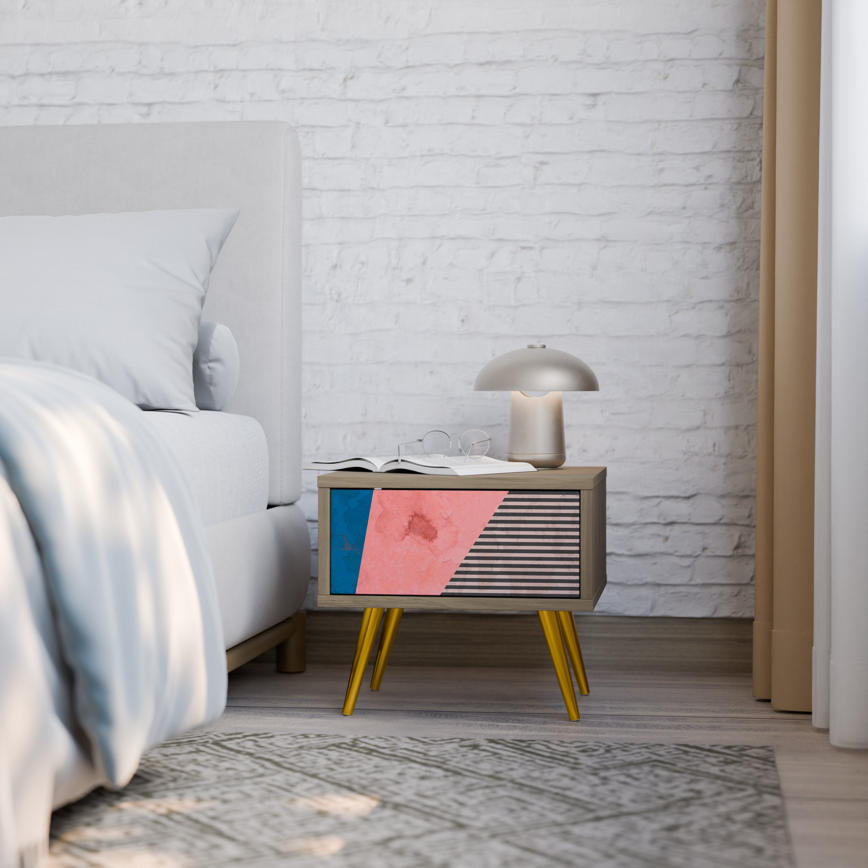 GLAMOROUS STRIPE Nightstand in Oak Effect