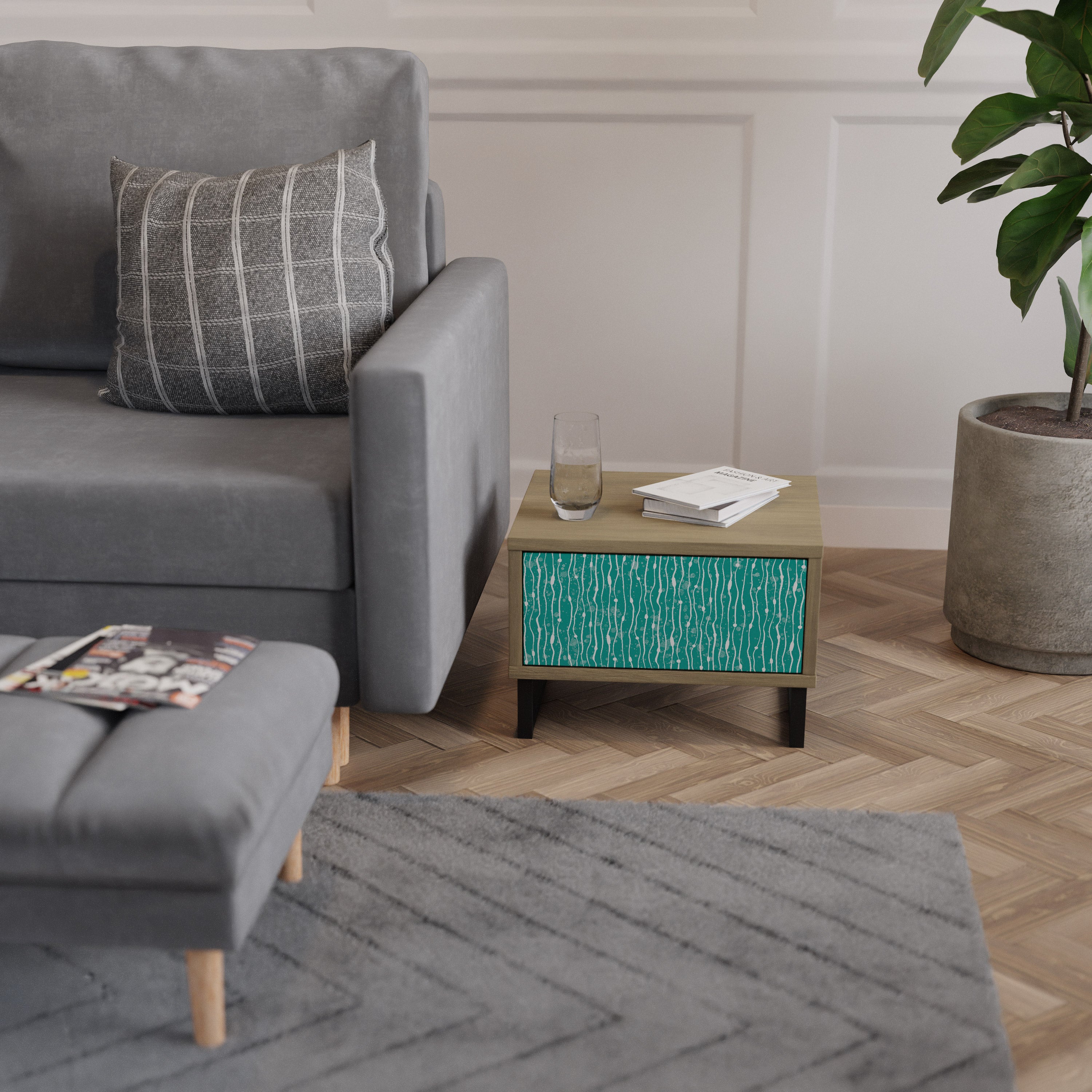 TURQUOISE RAIN Nightstand in Oak Effect