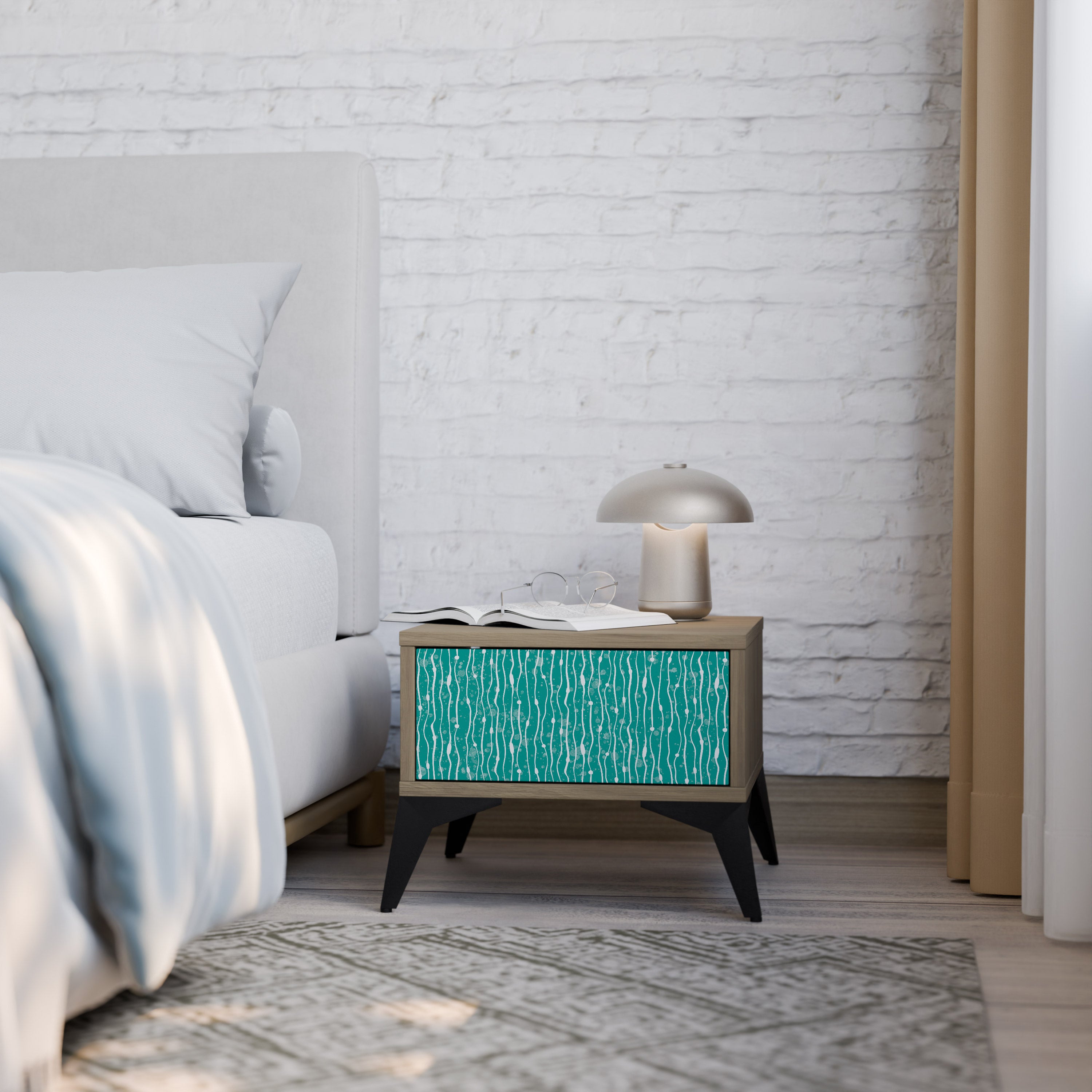 TURQUOISE RAIN Nightstand in Oak Effect