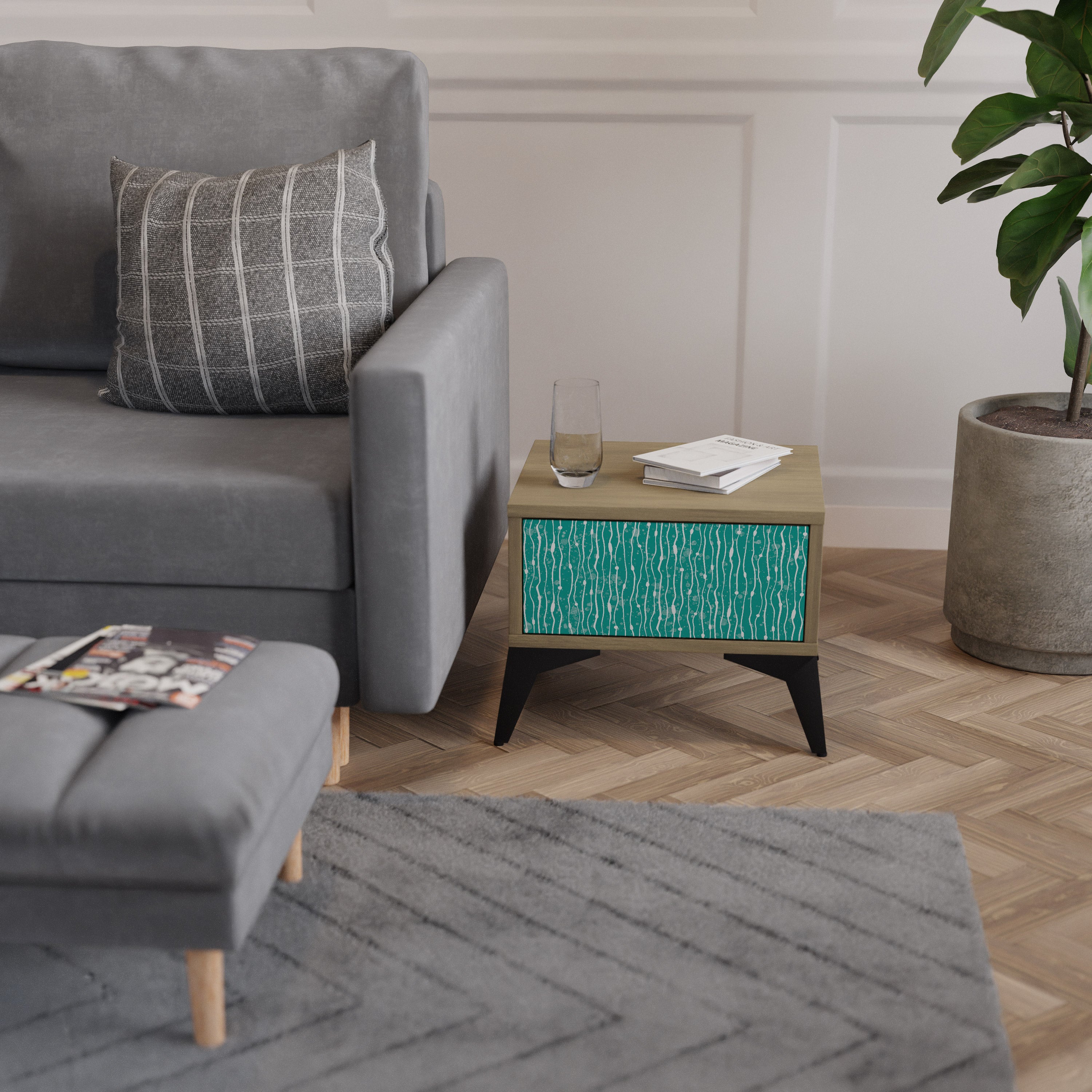 TURQUOISE RAIN Nightstand in Oak Effect