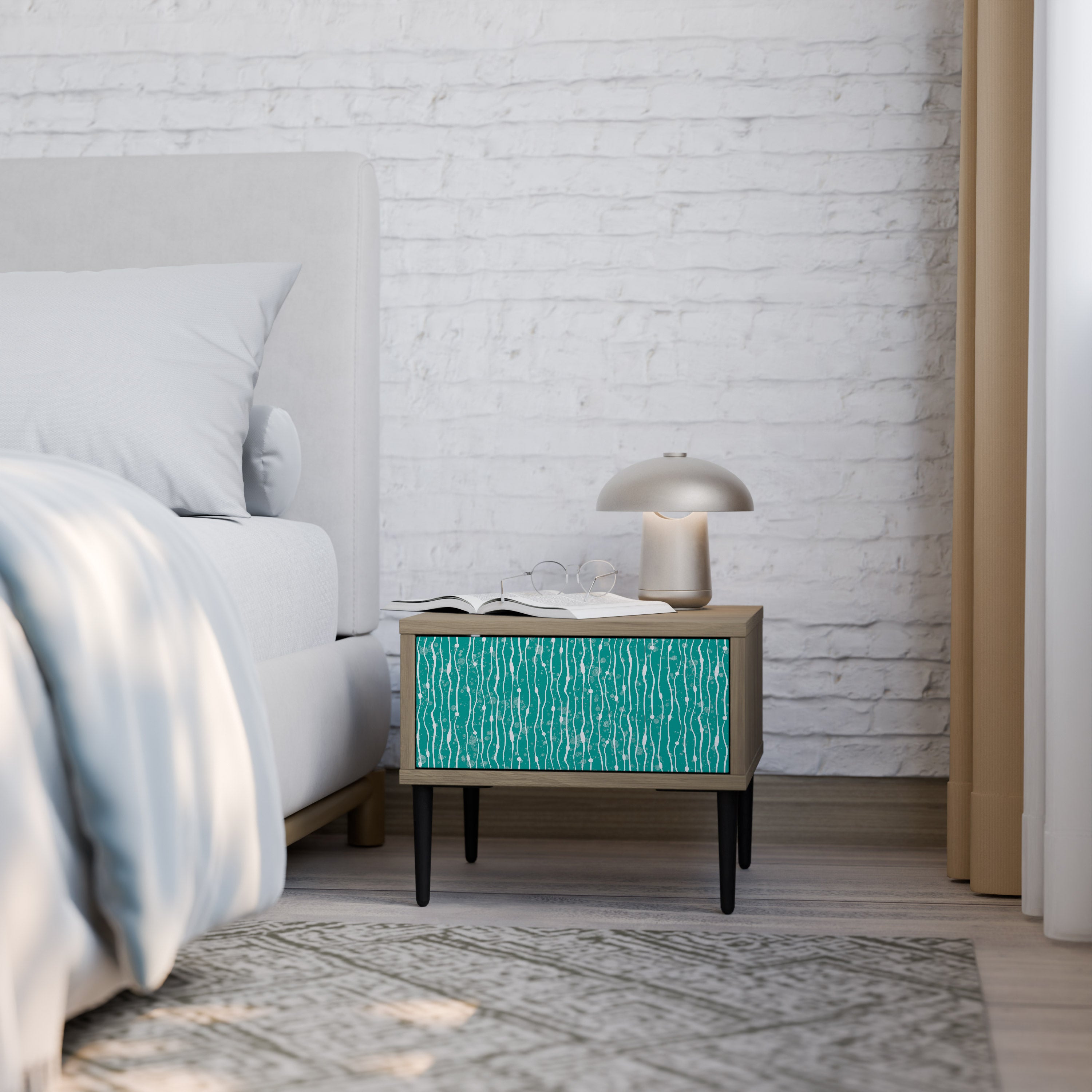 TURQUOISE RAIN Nightstand in Oak Effect