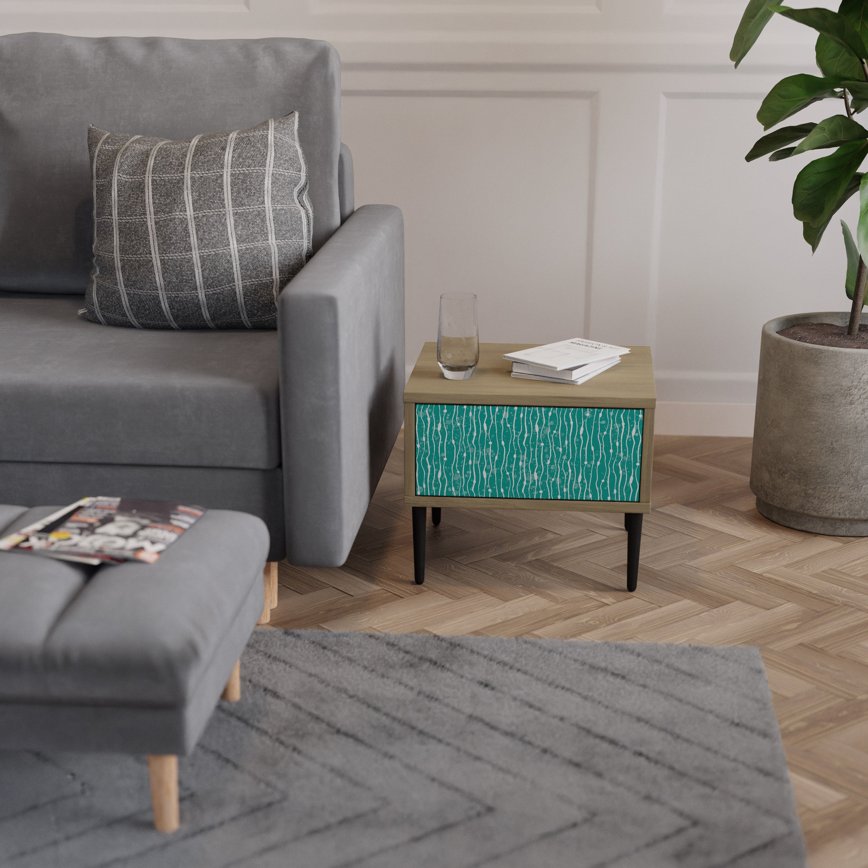 TURQUOISE RAIN Nightstand in Oak Effect