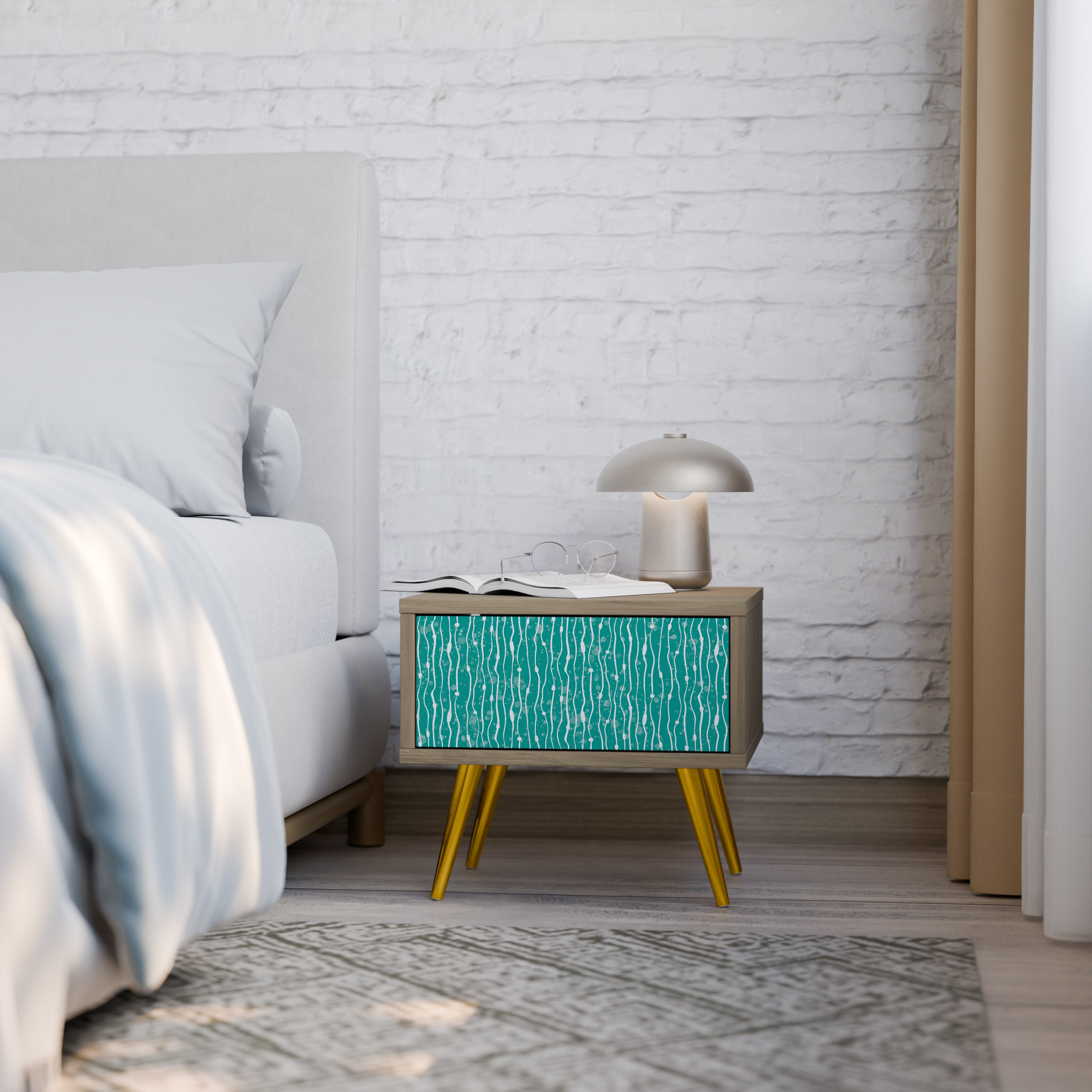 TURQUOISE RAIN Nightstand in Oak Effect