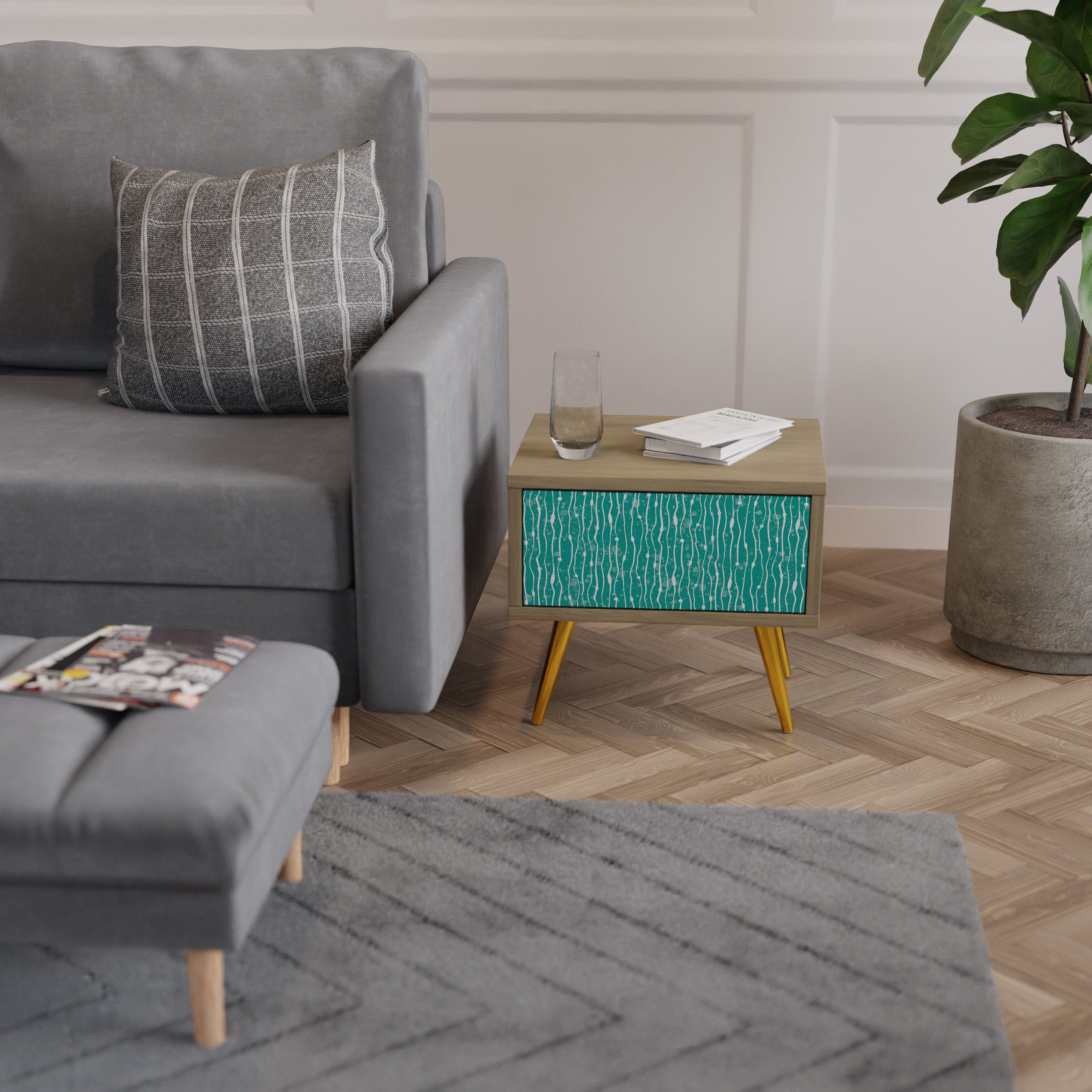 TURQUOISE RAIN Nightstand in Oak Effect