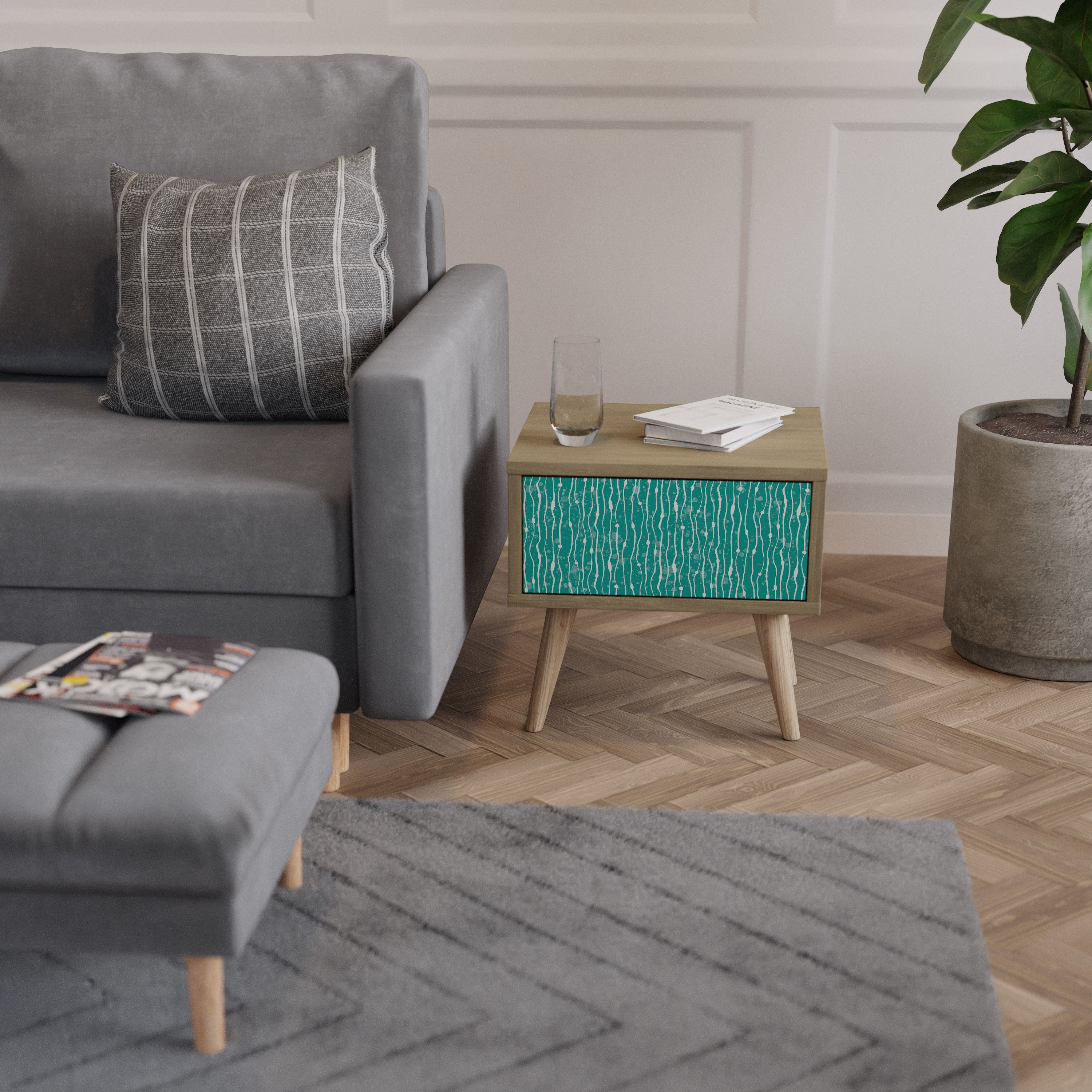 TURQUOISE RAIN Nightstand in Oak Effect
