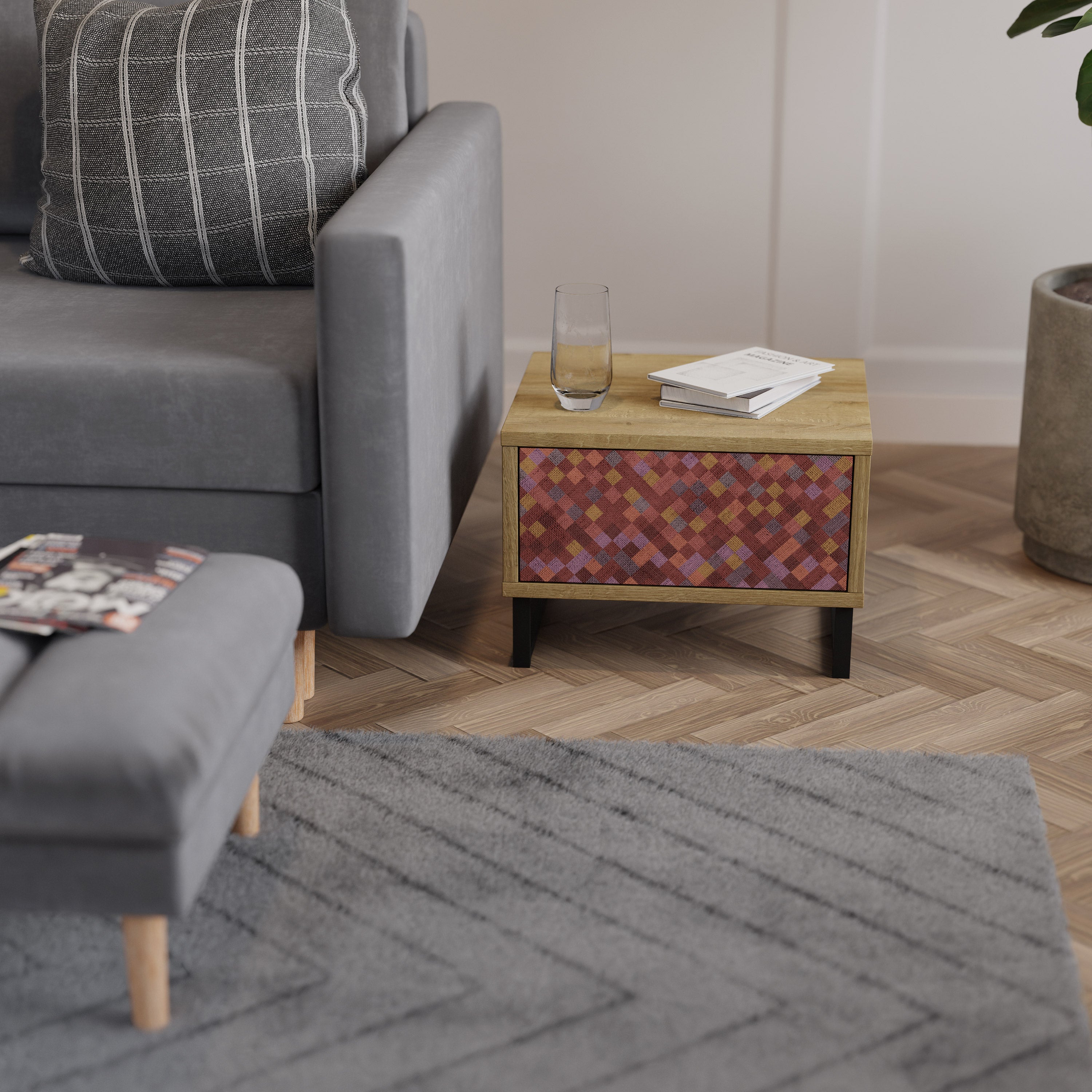 PAINTED SQUARES Nightstand in Oak Effect