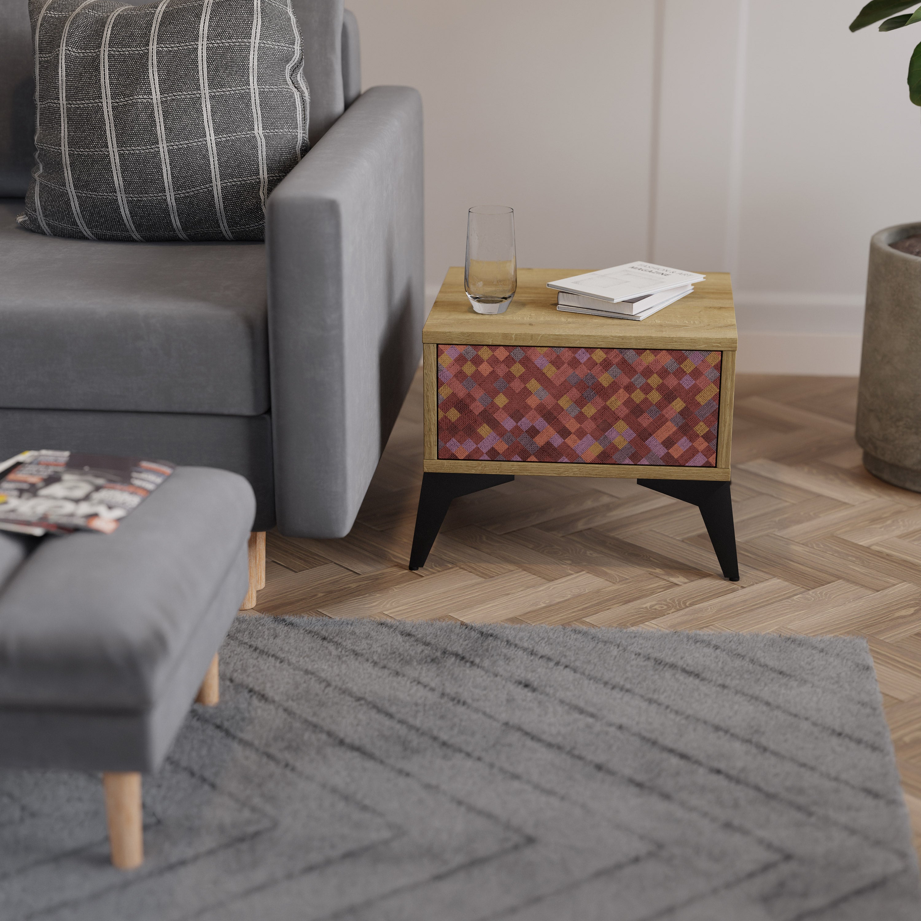 PAINTED SQUARES Nightstand in Oak Effect