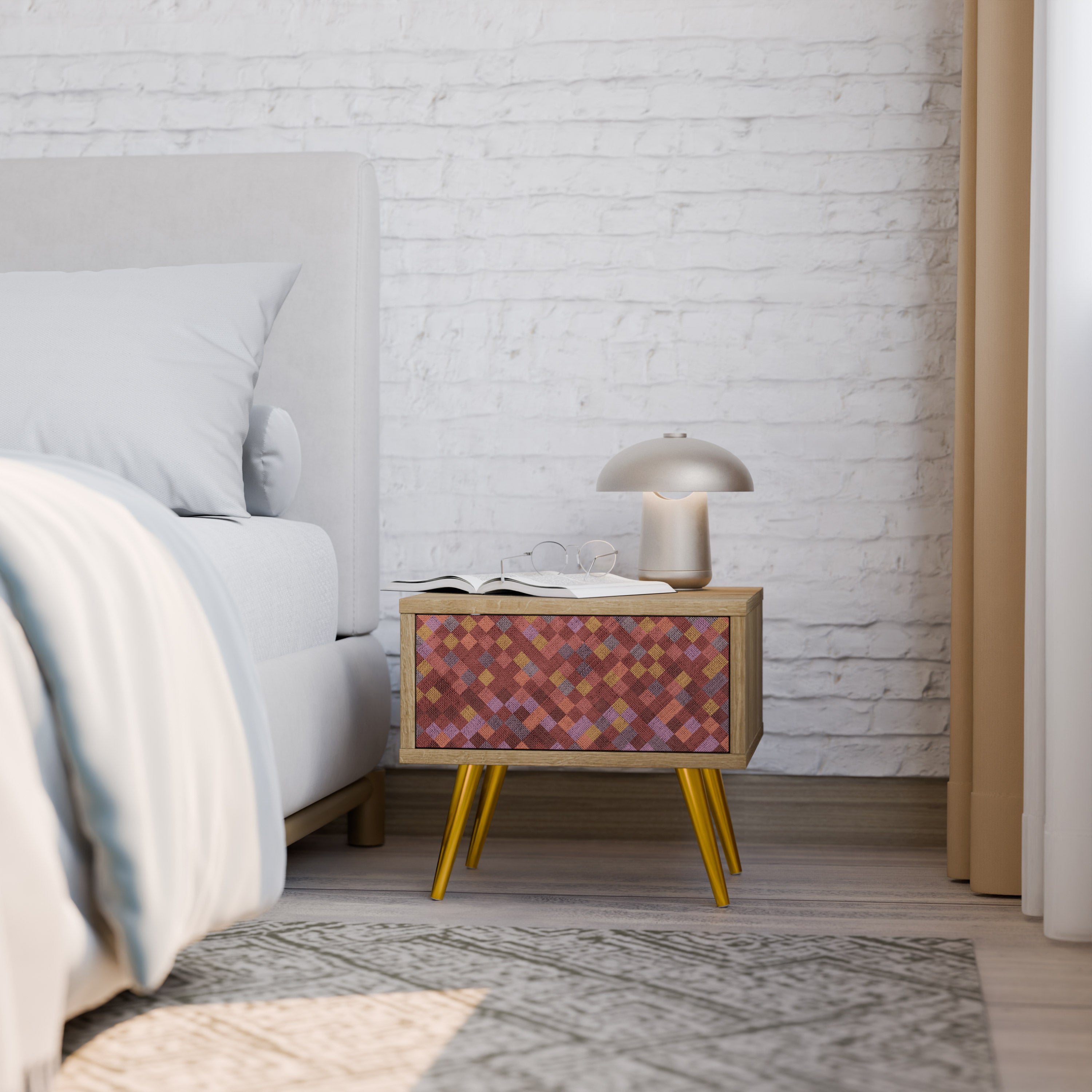 PAINTED SQUARES Nightstand in Oak Effect