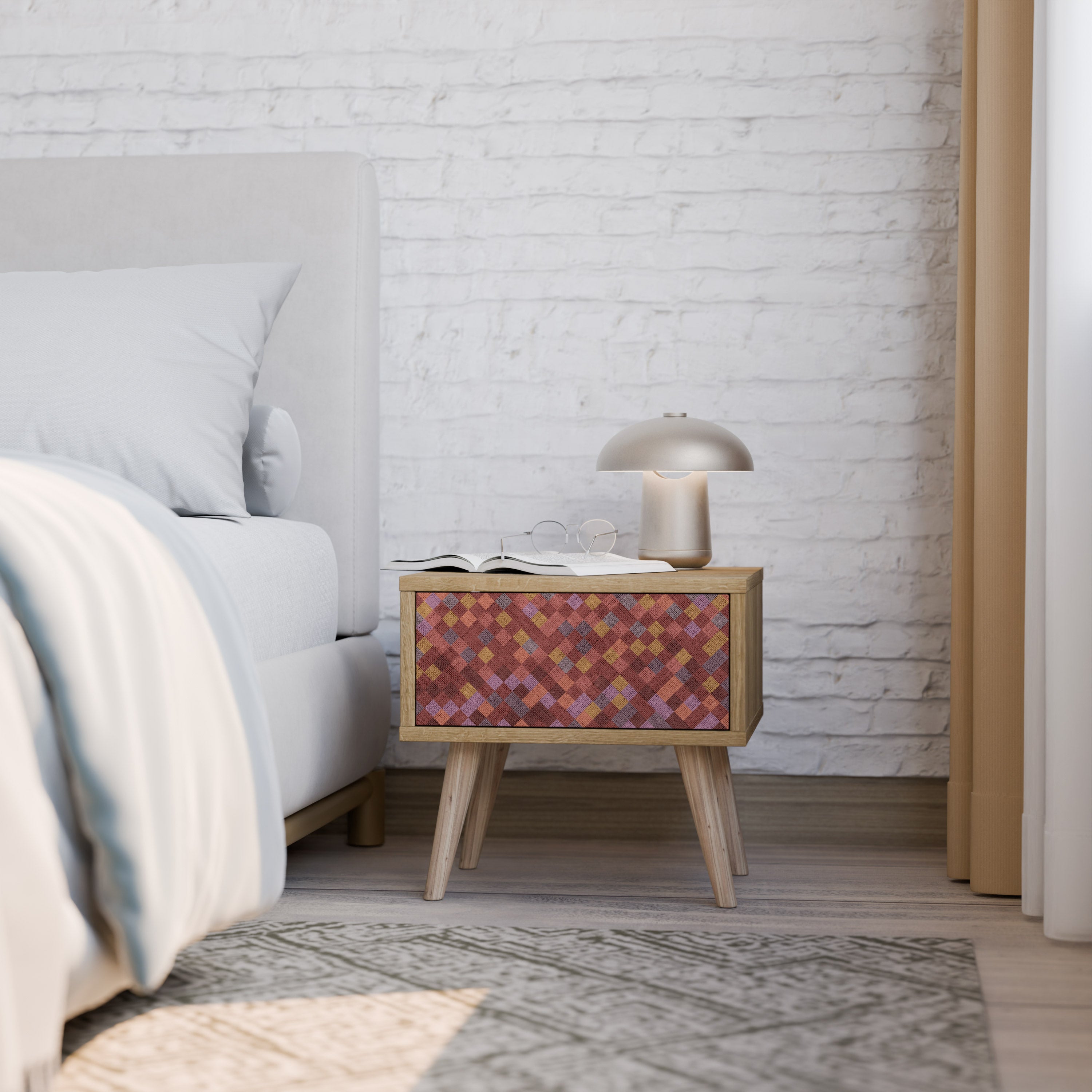 PAINTED SQUARES Nightstand in Oak Effect