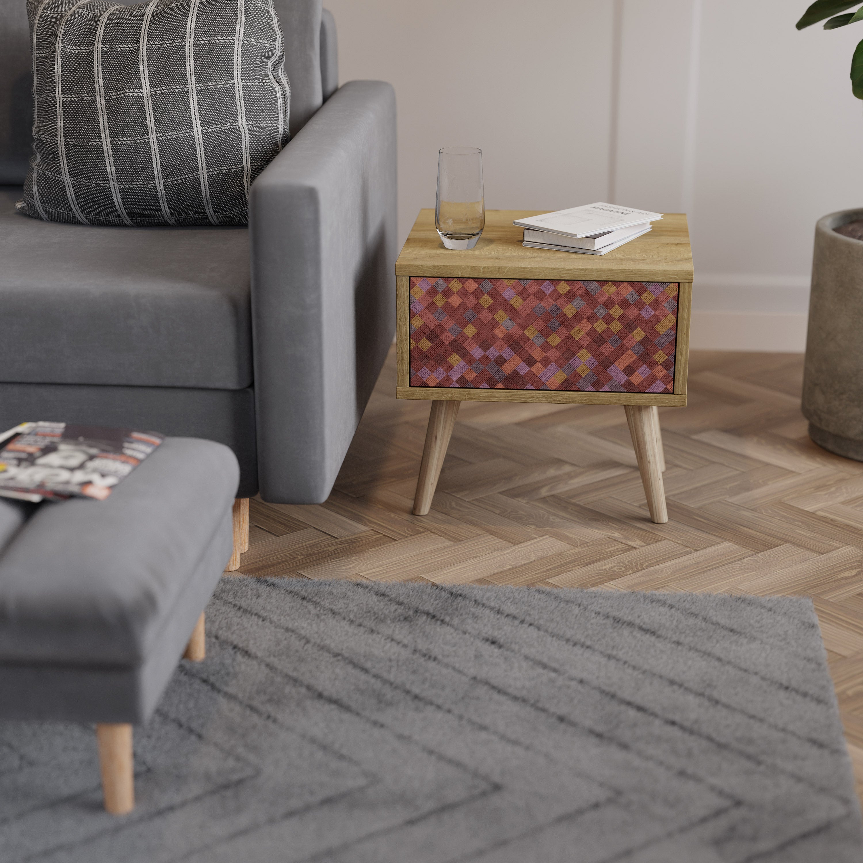 PAINTED SQUARES Nightstand in Oak Effect
