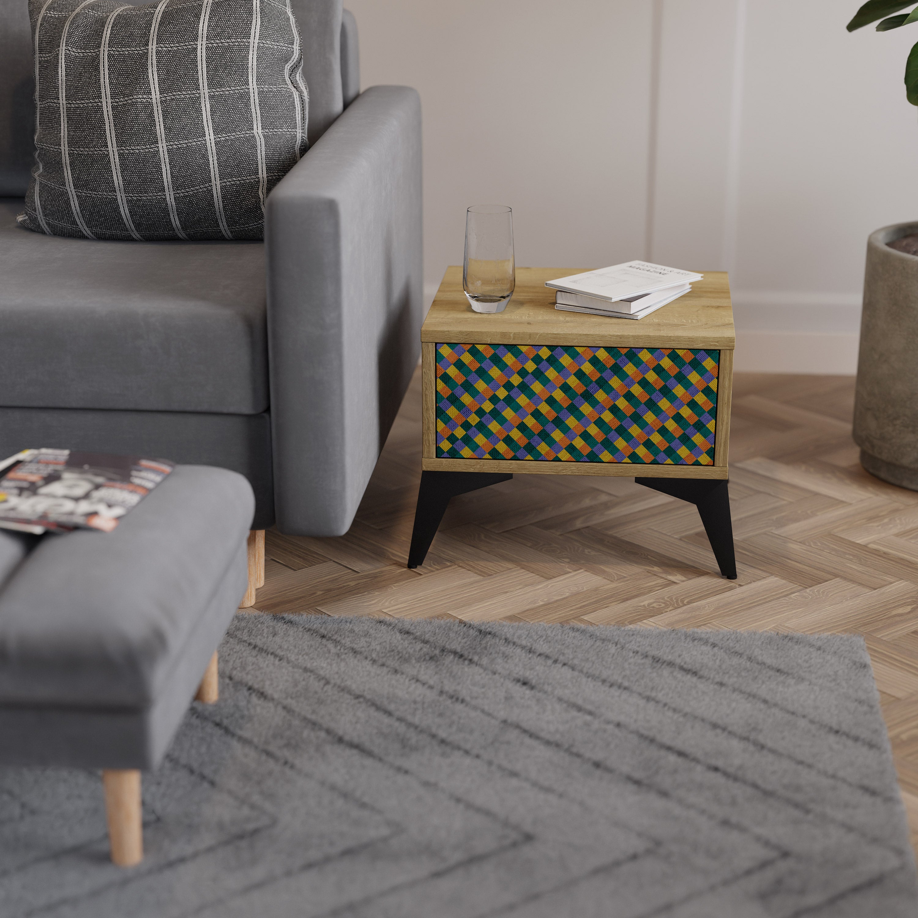 PAINTED SQUARES MIX Nightstand in Oak Effect