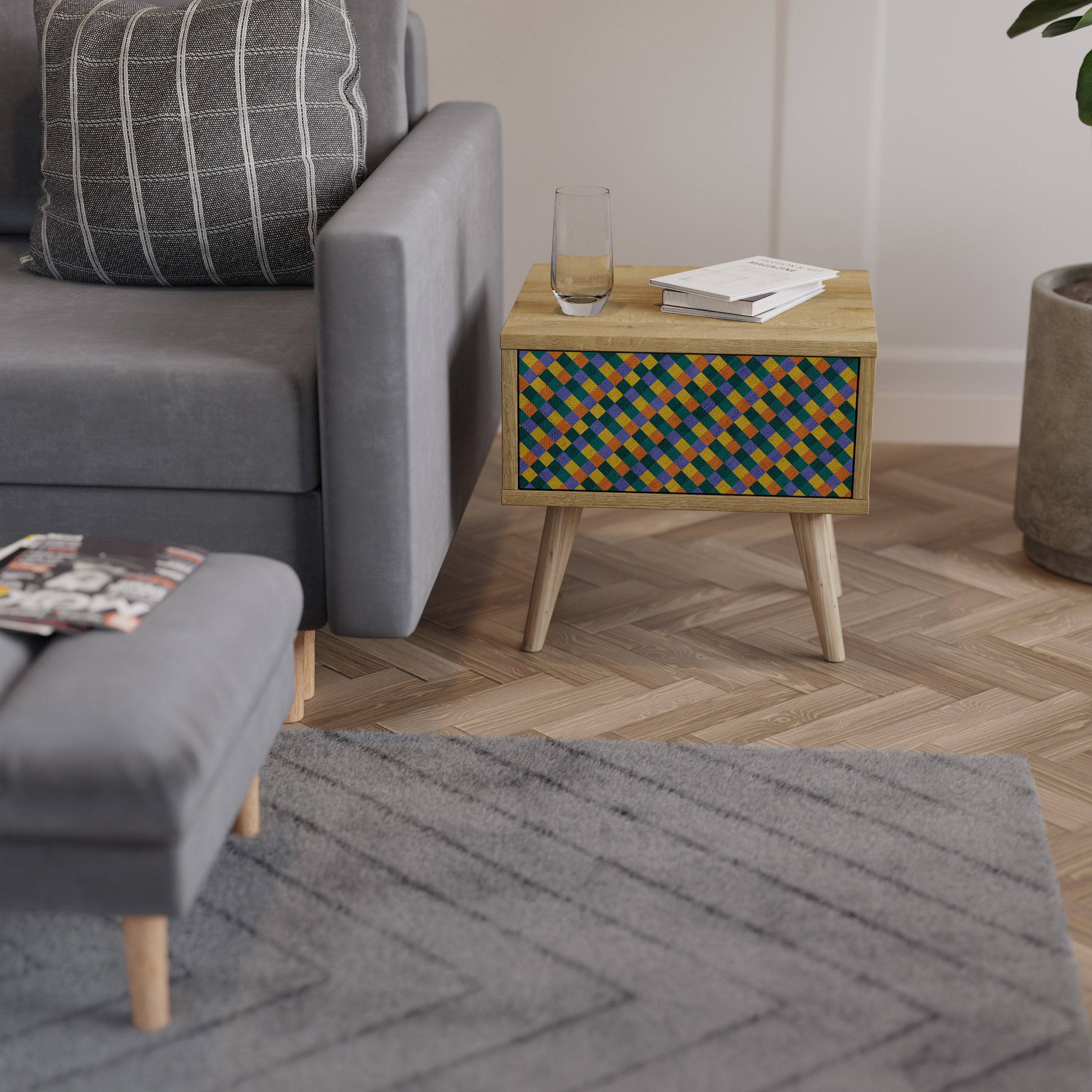 PAINTED SQUARES MIX Nightstand in Oak Effect