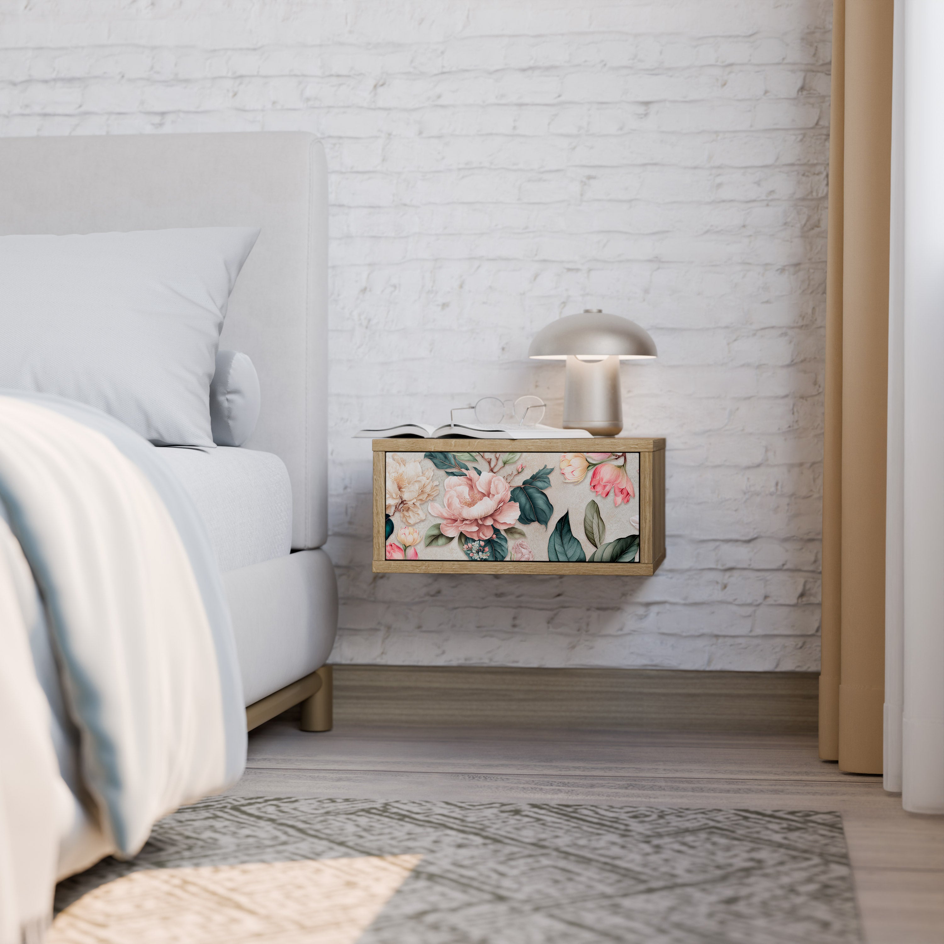 FLORAL GRACE Nightstand in Oak Effect