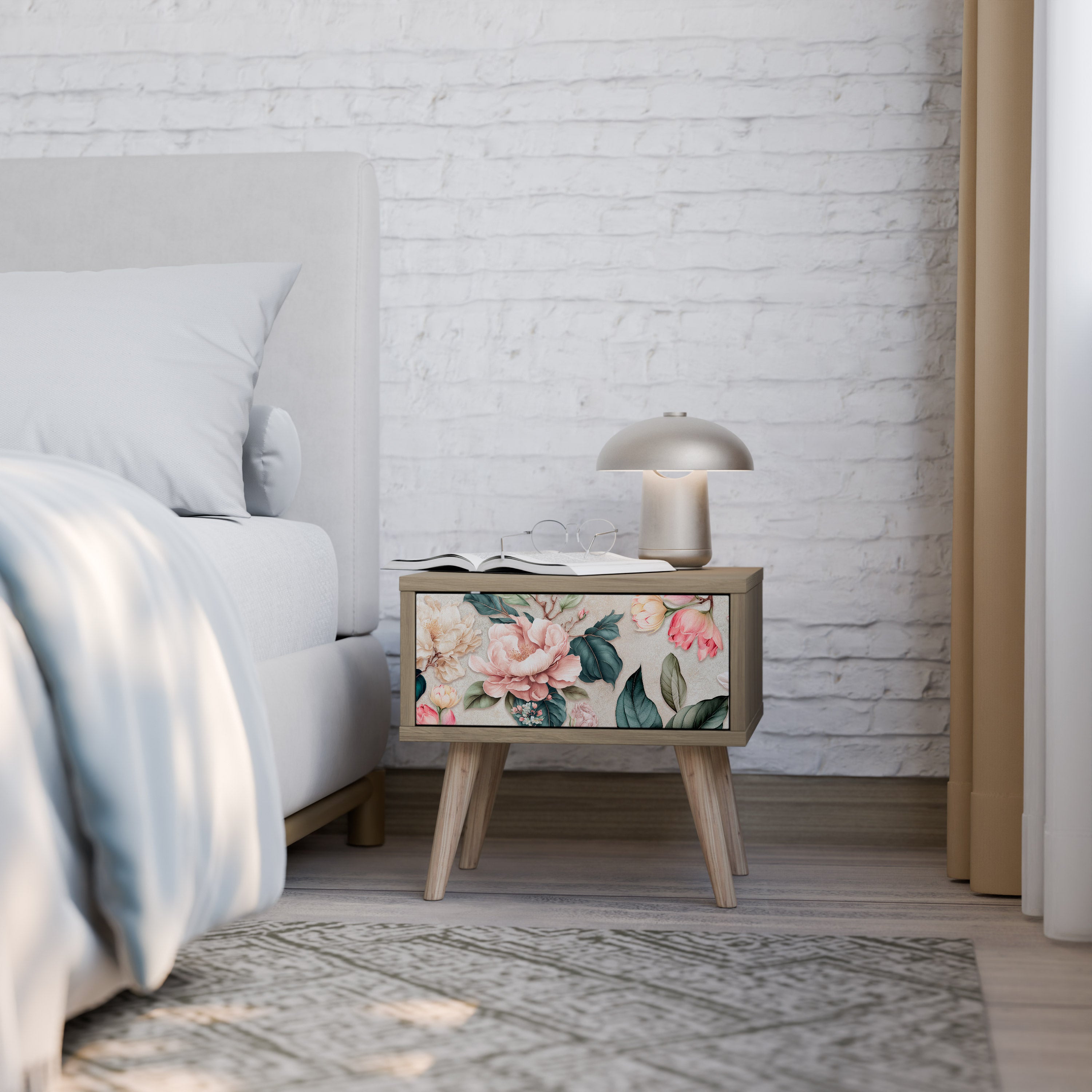 FLORAL GRACE Nightstand in Oak Effect